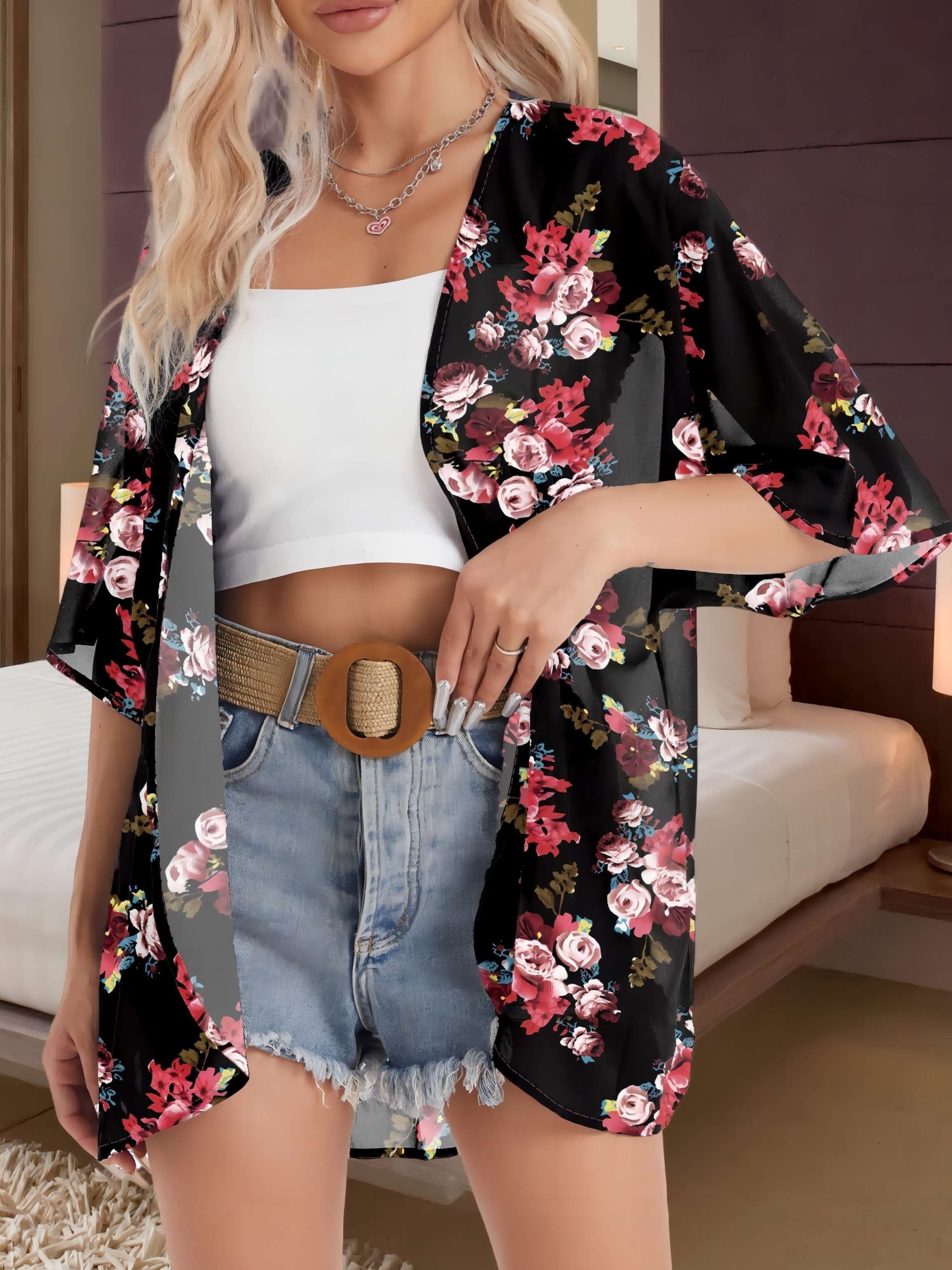 floral print sheer chiffon coverup casual half sleeve open front loose blouse womens clothing details 1