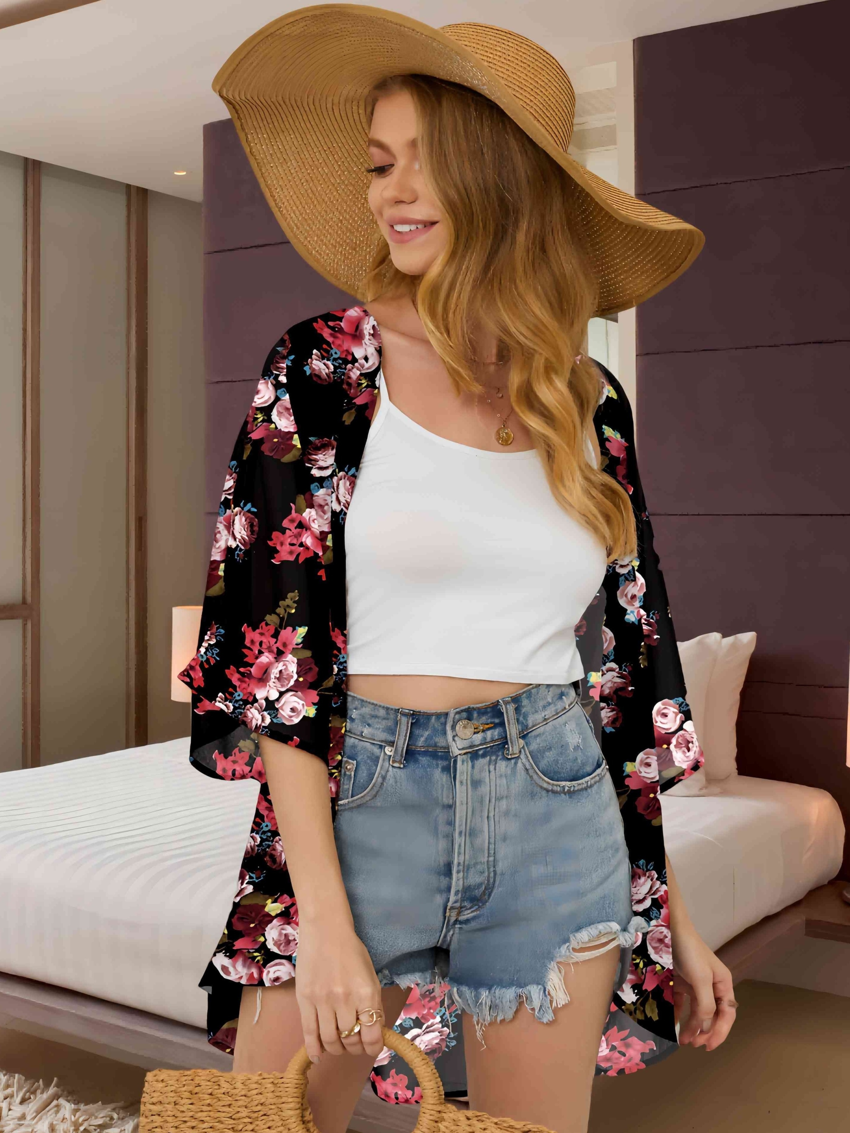 floral print sheer chiffon coverup casual half sleeve open front loose blouse womens clothing details 2