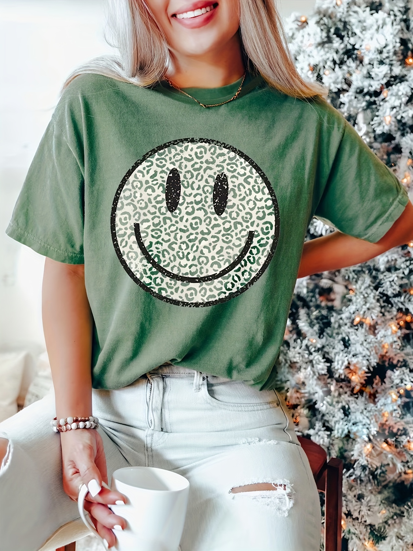 cute smile print t shirt casual short sleeve crew neck top womens clothing details 0