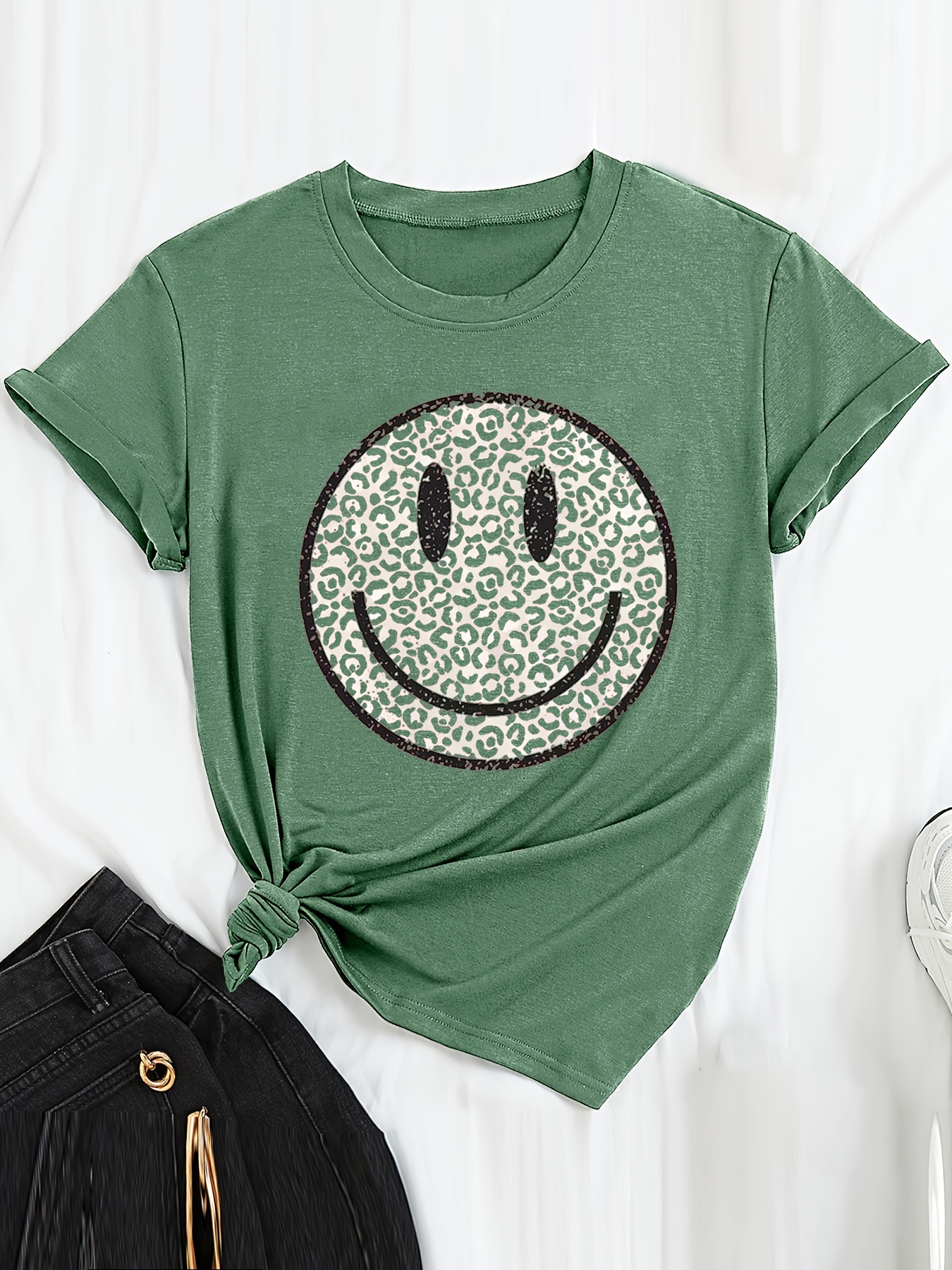 cute smile print t shirt casual short sleeve crew neck top womens clothing details 1