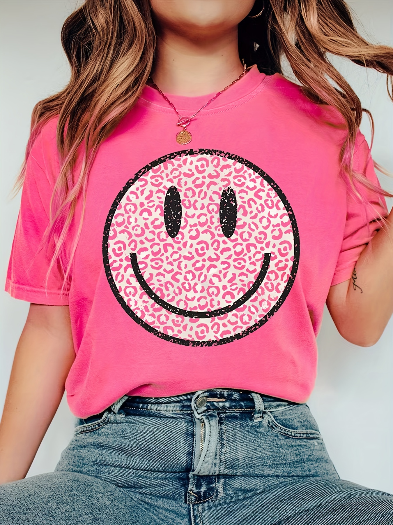 cute smile print t shirt casual short sleeve crew neck top womens clothing details 3