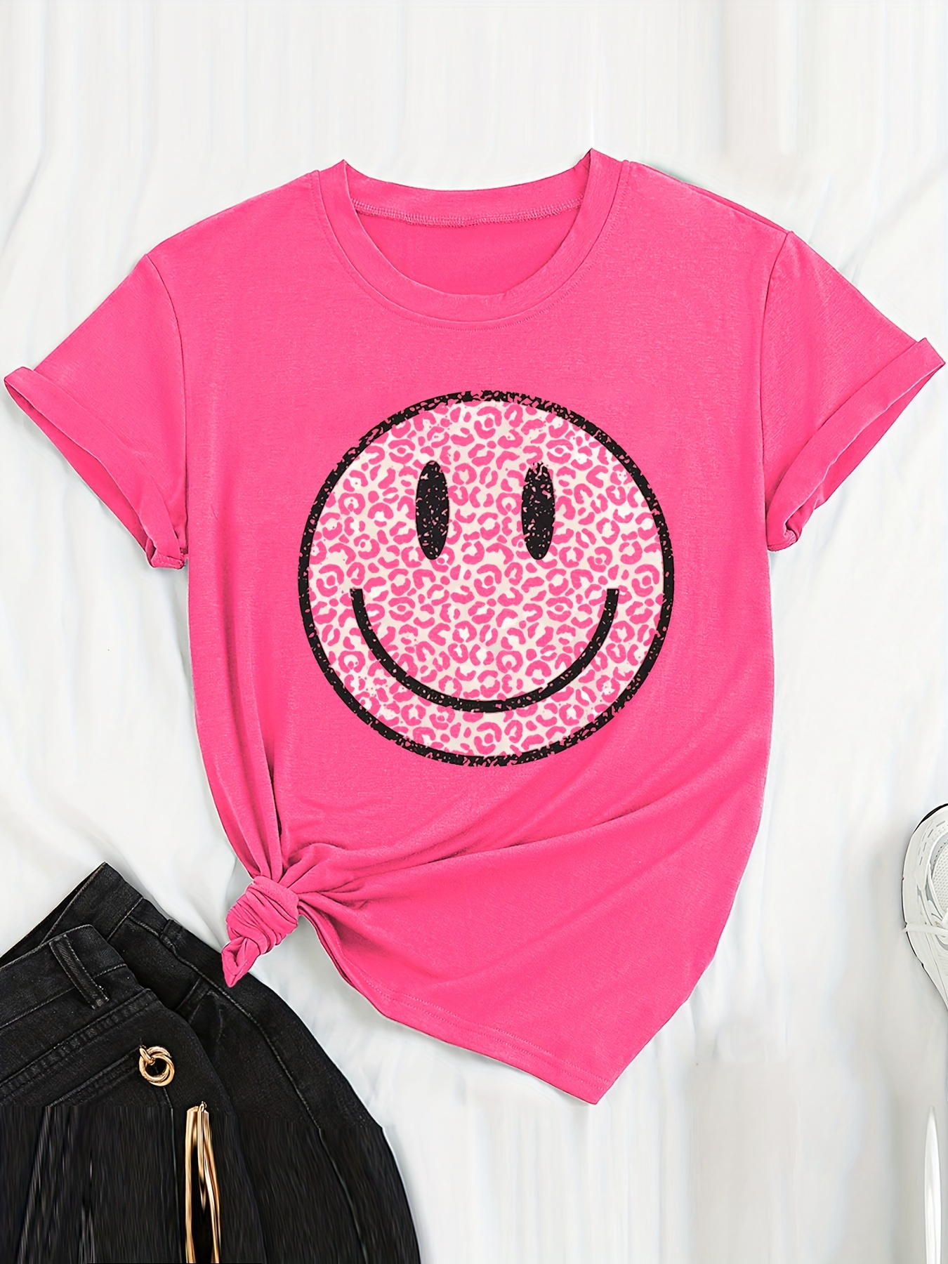 cute smile print t shirt casual short sleeve crew neck top womens clothing details 4