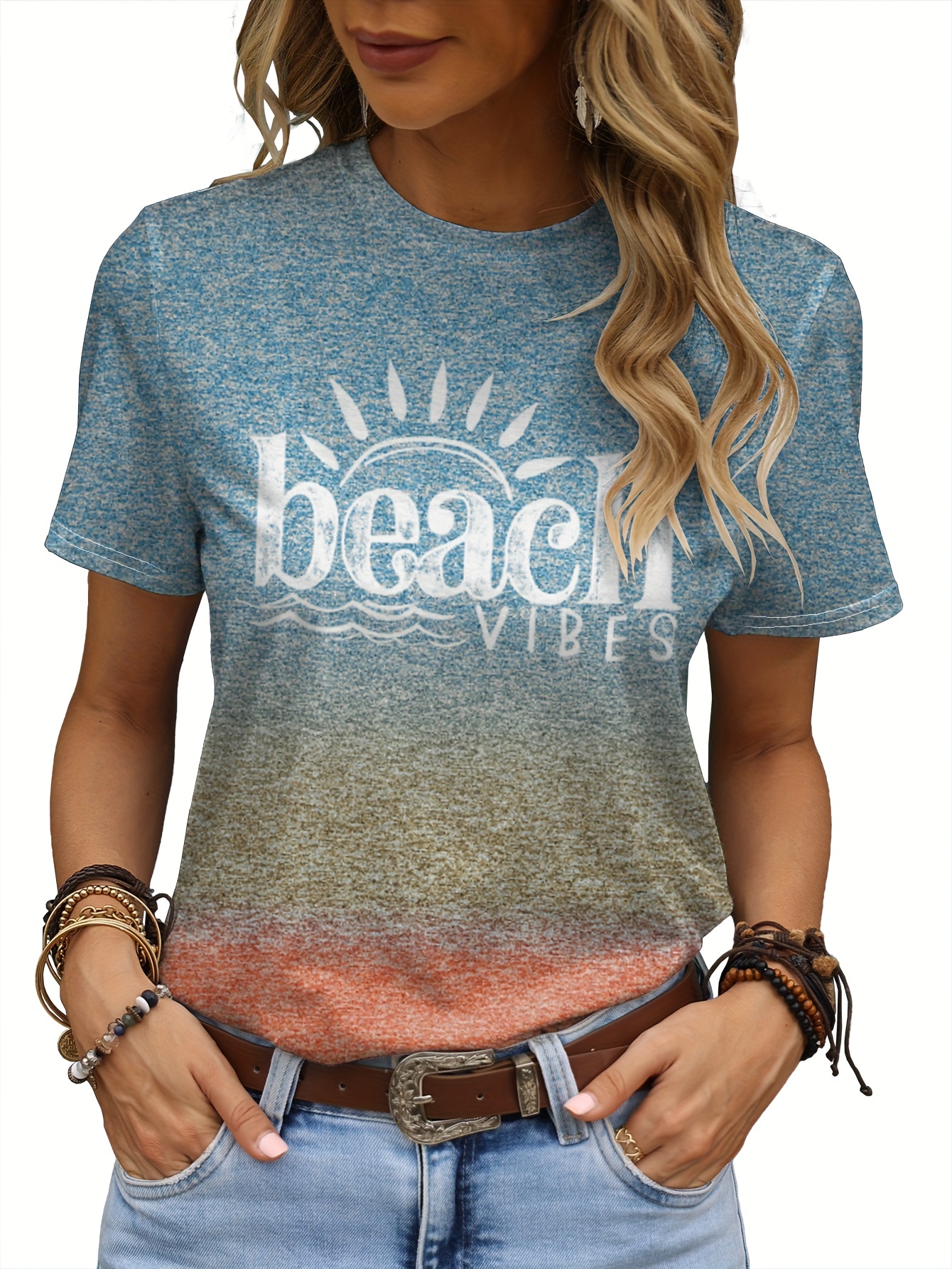 beach vibes print t shirt casual crew neck short sleeve t shirt womens clothing details 0