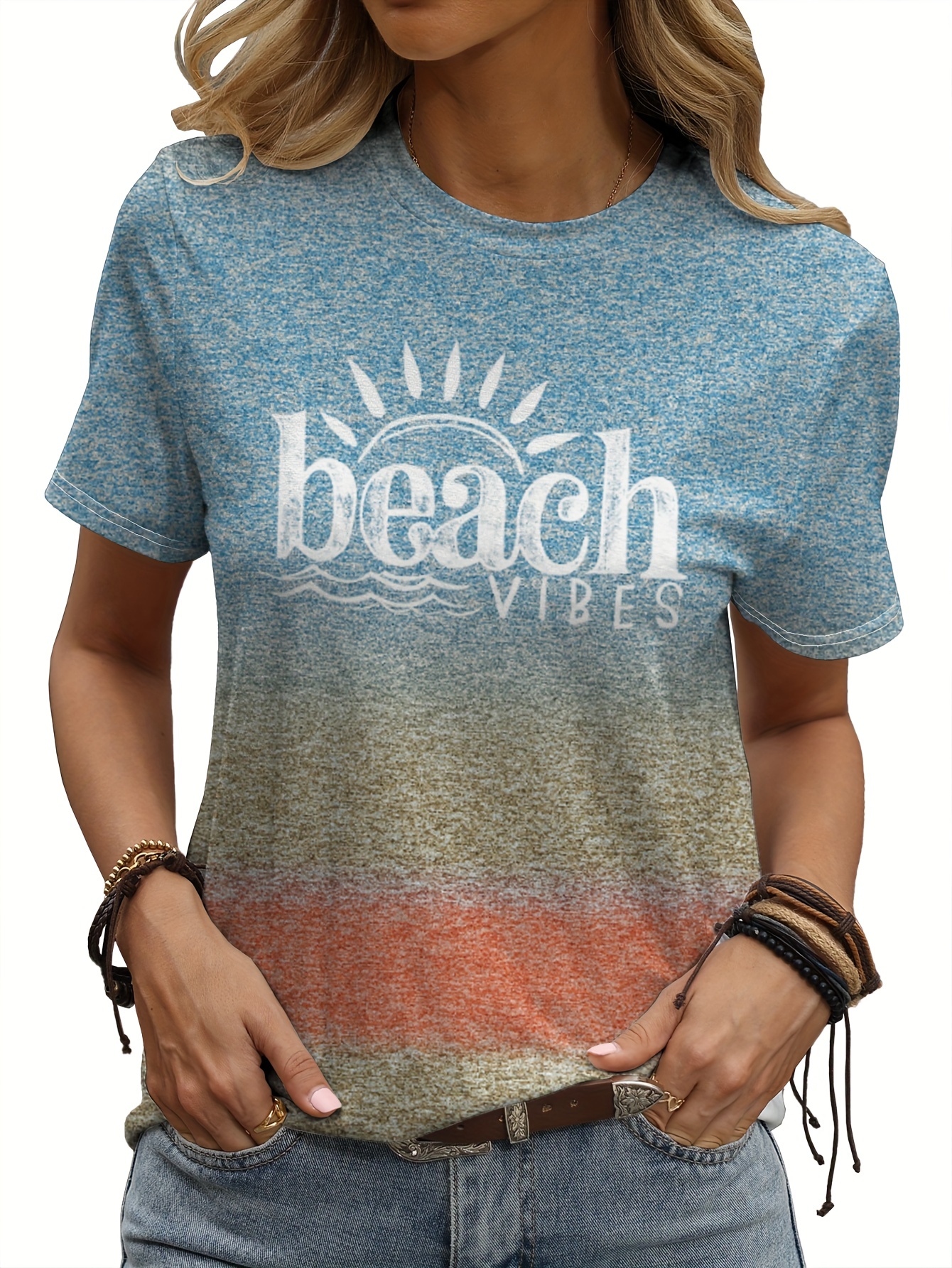 beach vibes print t shirt casual crew neck short sleeve t shirt womens clothing details 1