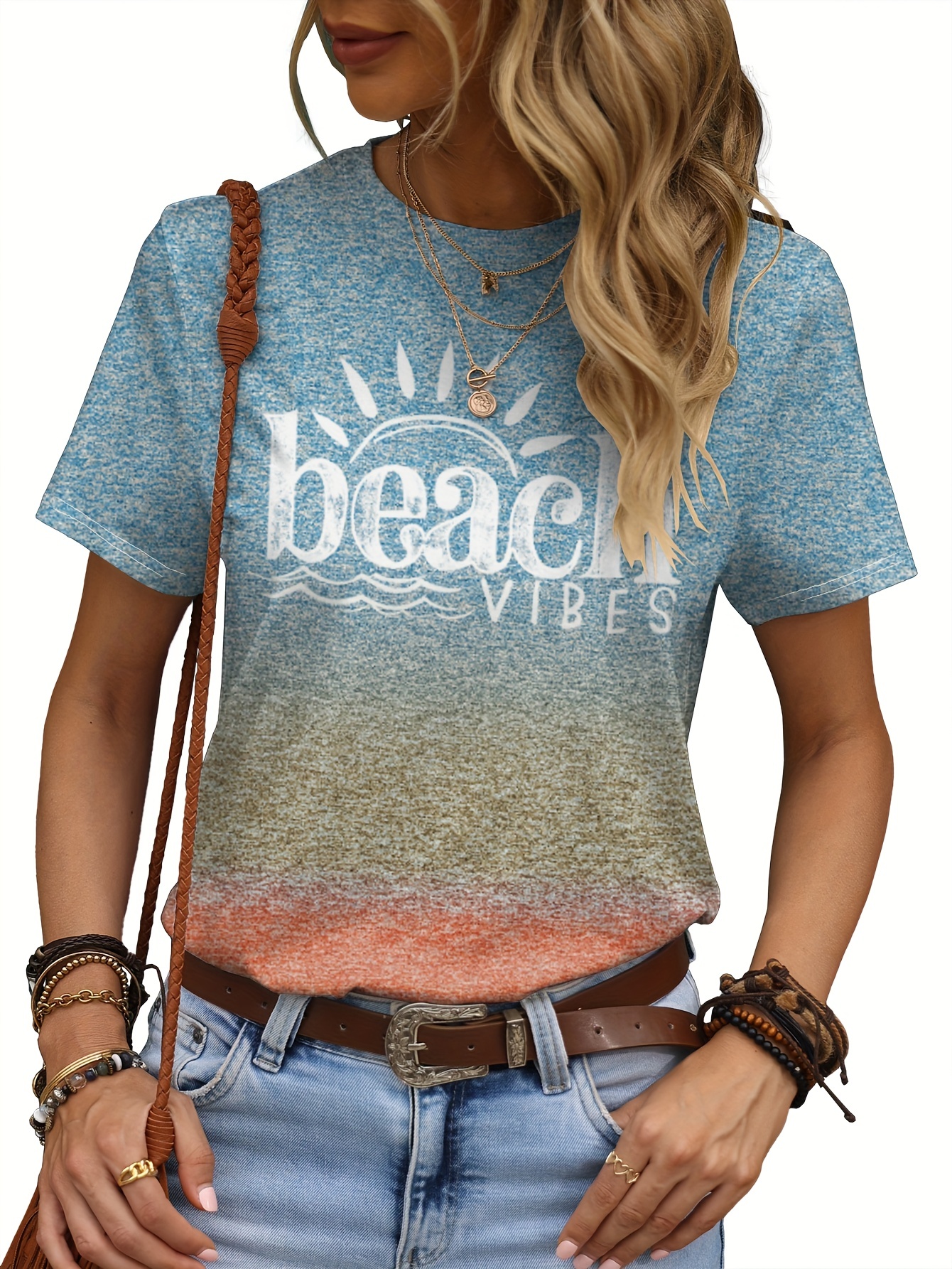 beach vibes print t shirt casual crew neck short sleeve t shirt womens clothing details 3