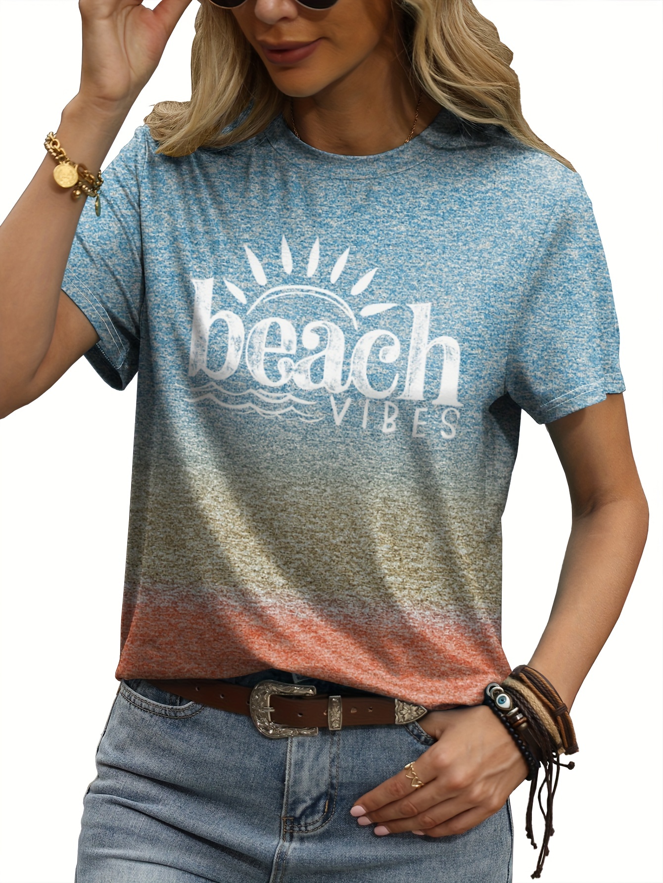 beach vibes print t shirt casual crew neck short sleeve t shirt womens clothing details 4