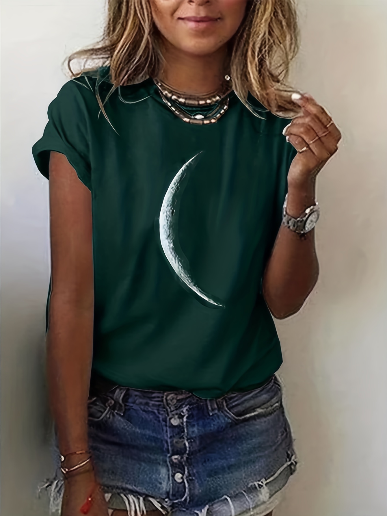 moon print crew neck t shirt casual short sleeve t shirt for spring summer womens clothing details 0