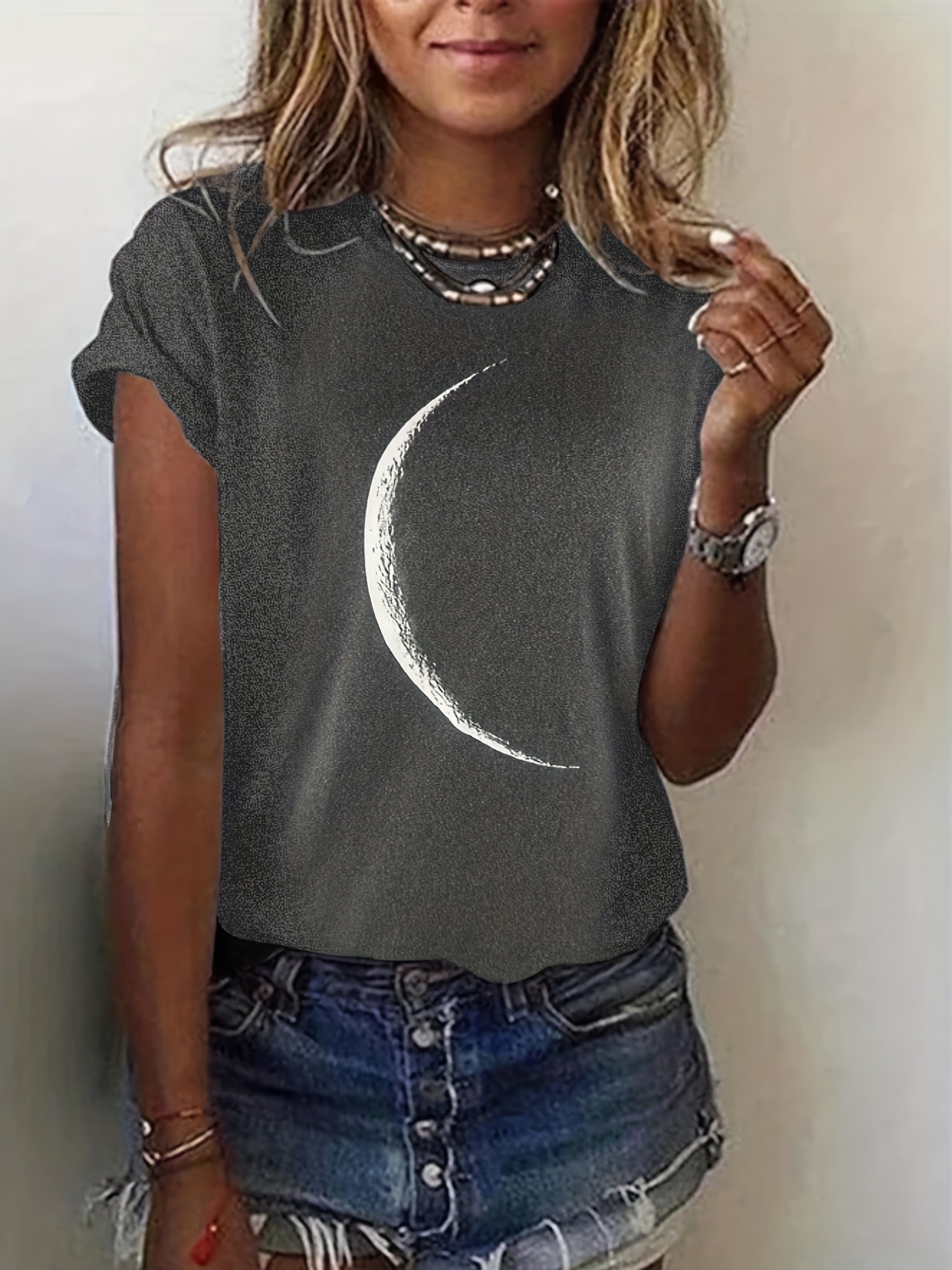 moon print crew neck t shirt casual short sleeve t shirt for spring summer womens clothing details 3