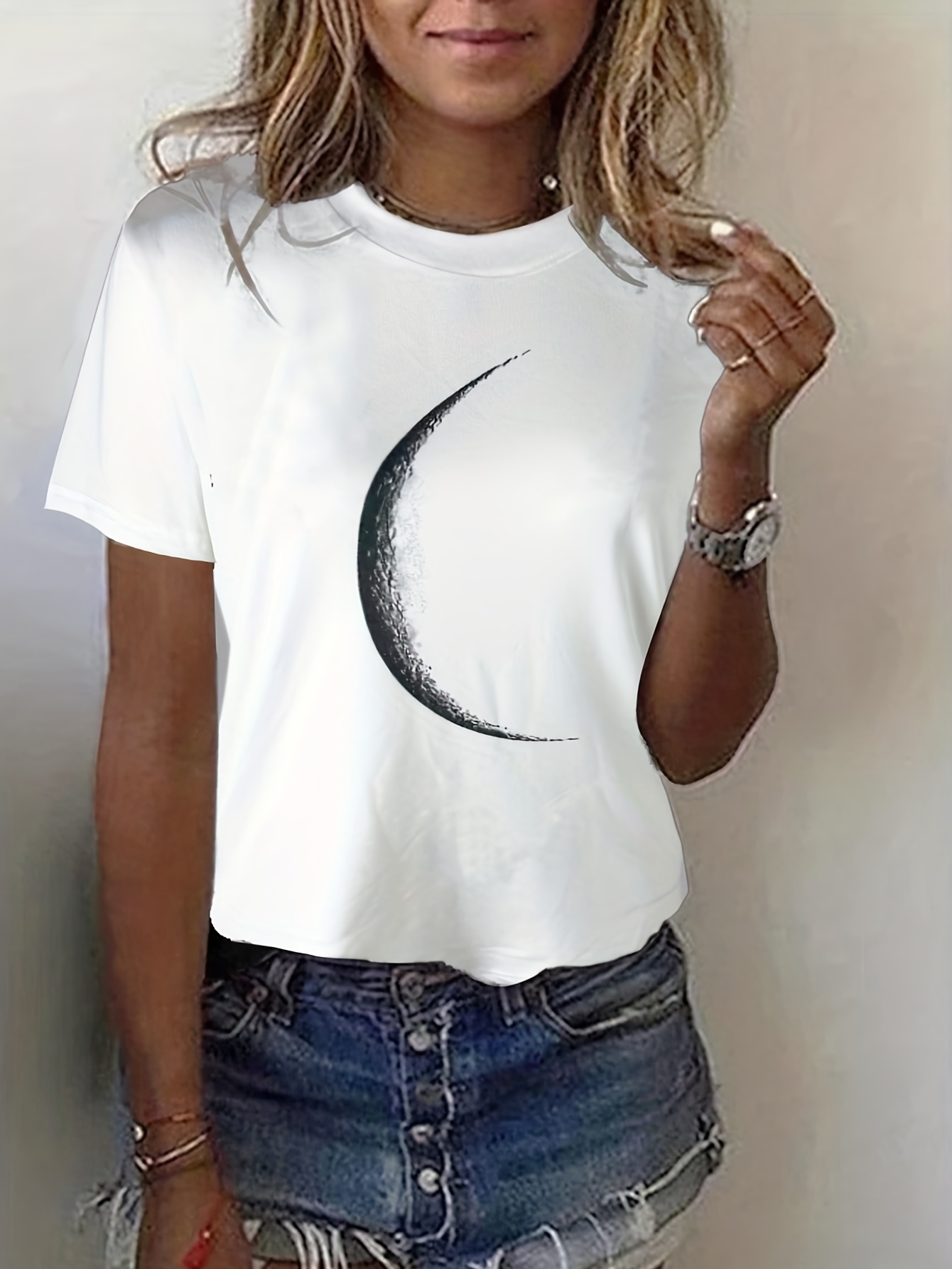 moon print crew neck t shirt casual short sleeve t shirt for spring summer womens clothing details 6