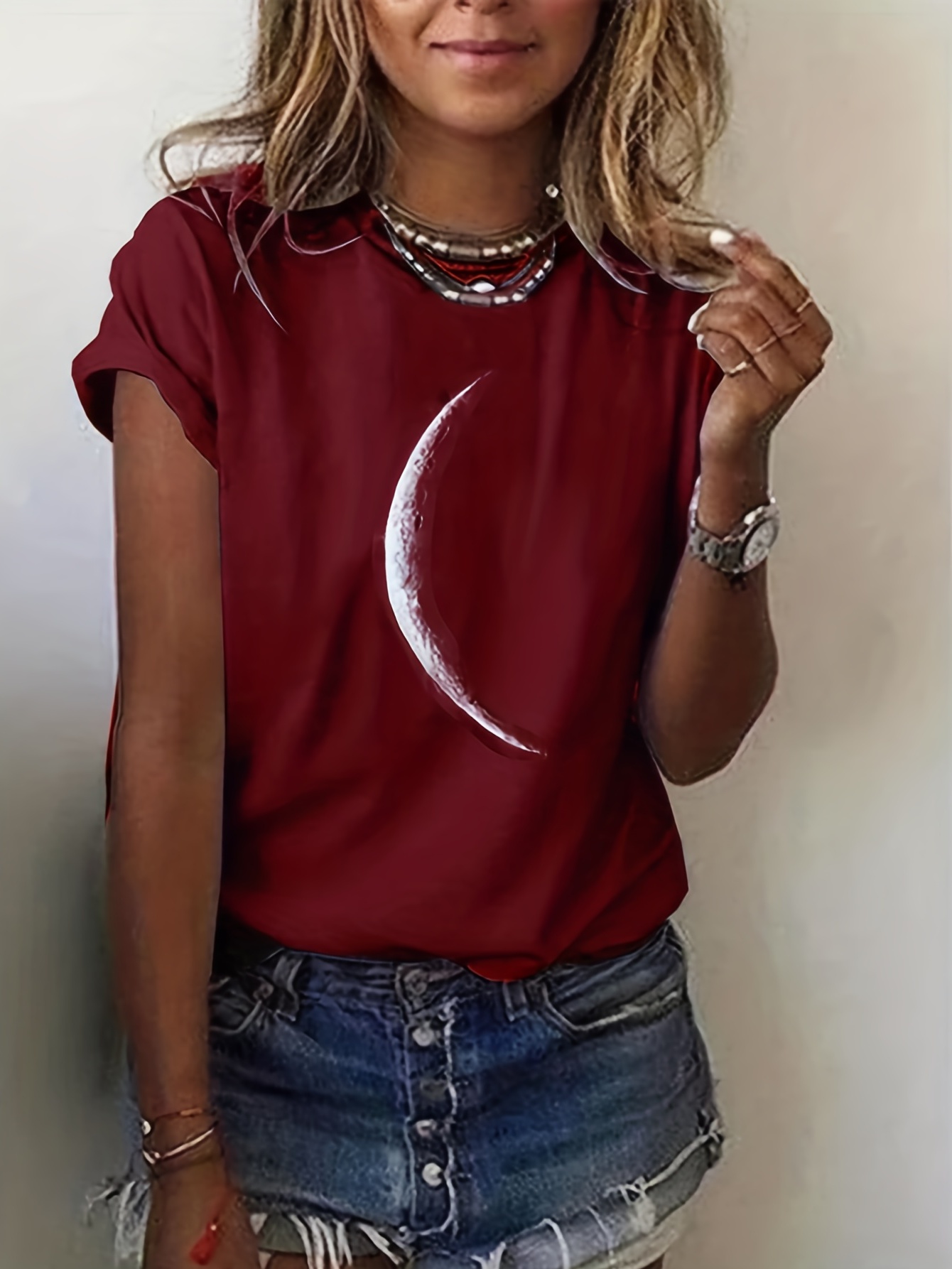 moon print crew neck t shirt casual short sleeve t shirt for spring summer womens clothing details 9