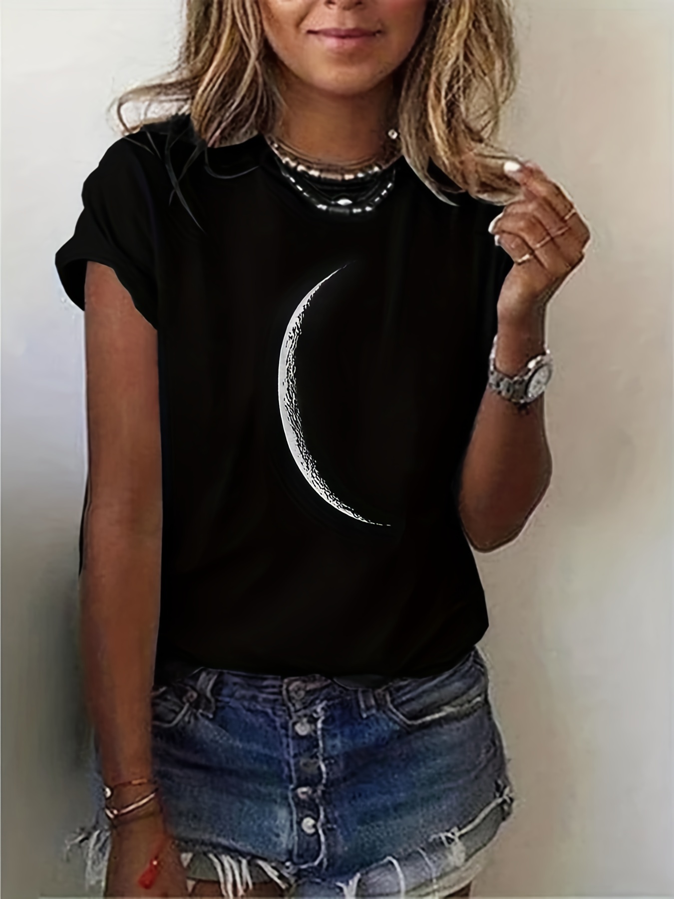 moon print crew neck t shirt casual short sleeve t shirt for spring summer womens clothing details 12