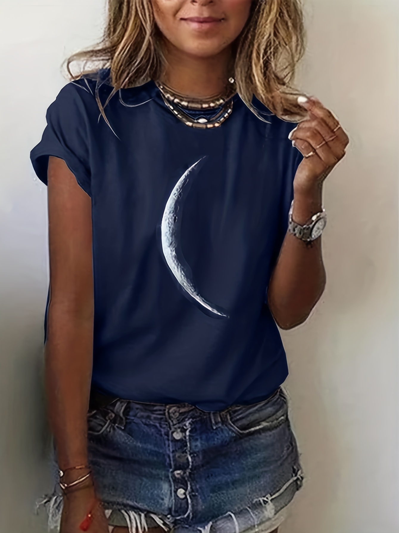 moon print crew neck t shirt casual short sleeve t shirt for spring summer womens clothing details 16