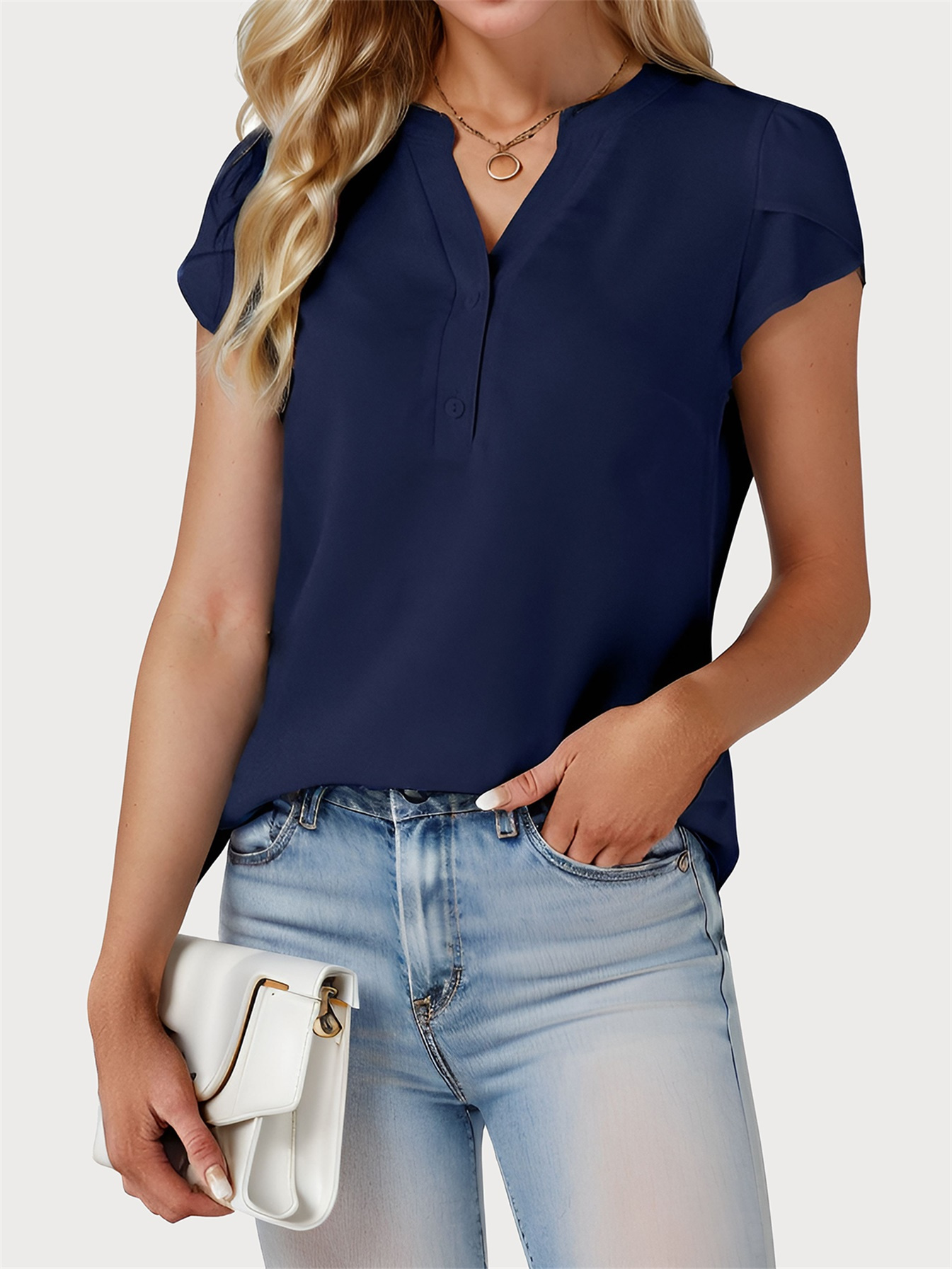 Tooluck Women s Casual Tops Blouses Button Down Shirts Cap Sleeve V Neck T-shirt details 9