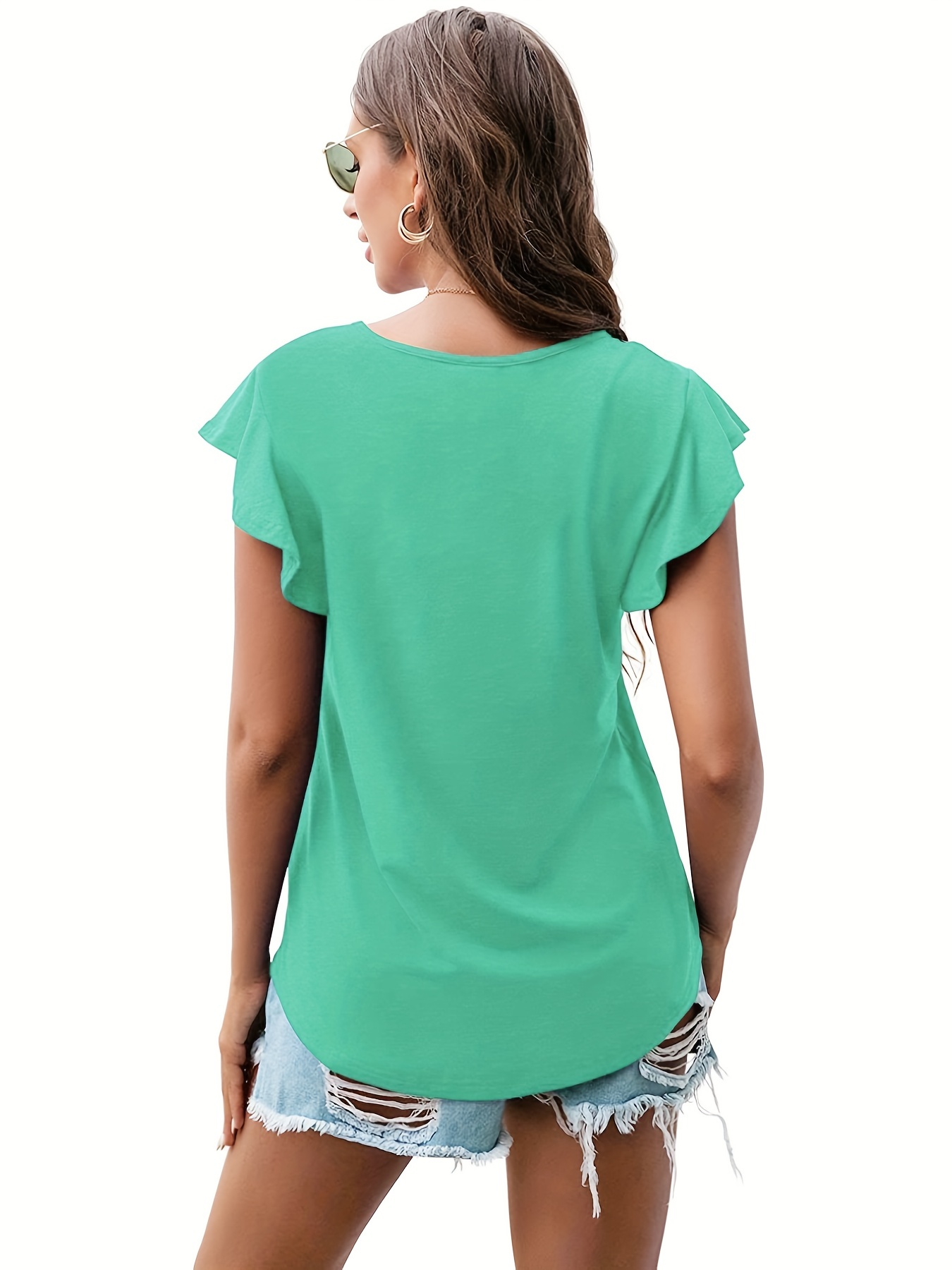 ruffle sleeve crew neck t shirt casual top for summer spring womens clothing details 1