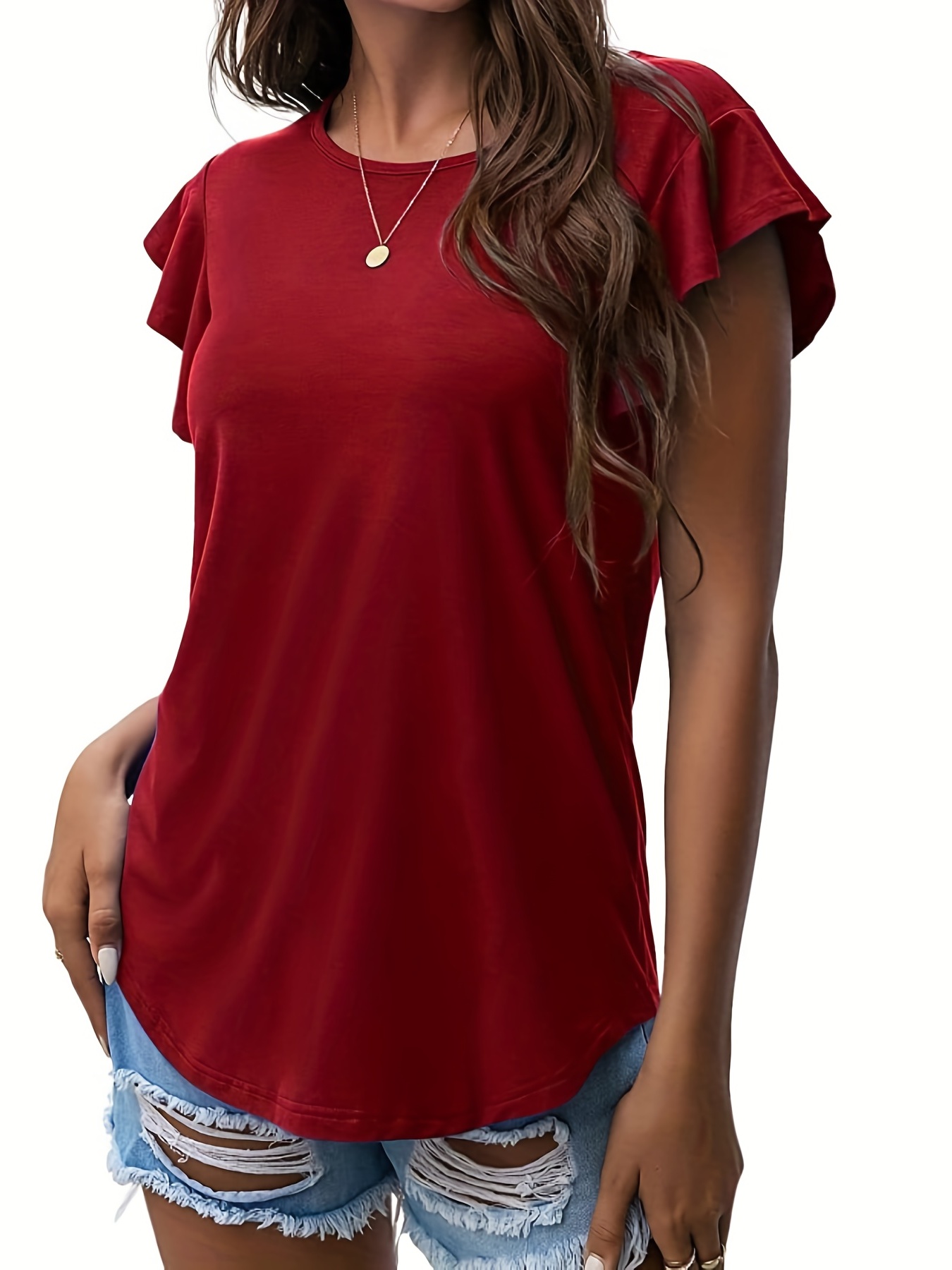 ruffle sleeve crew neck t shirt casual top for summer spring womens clothing details 5