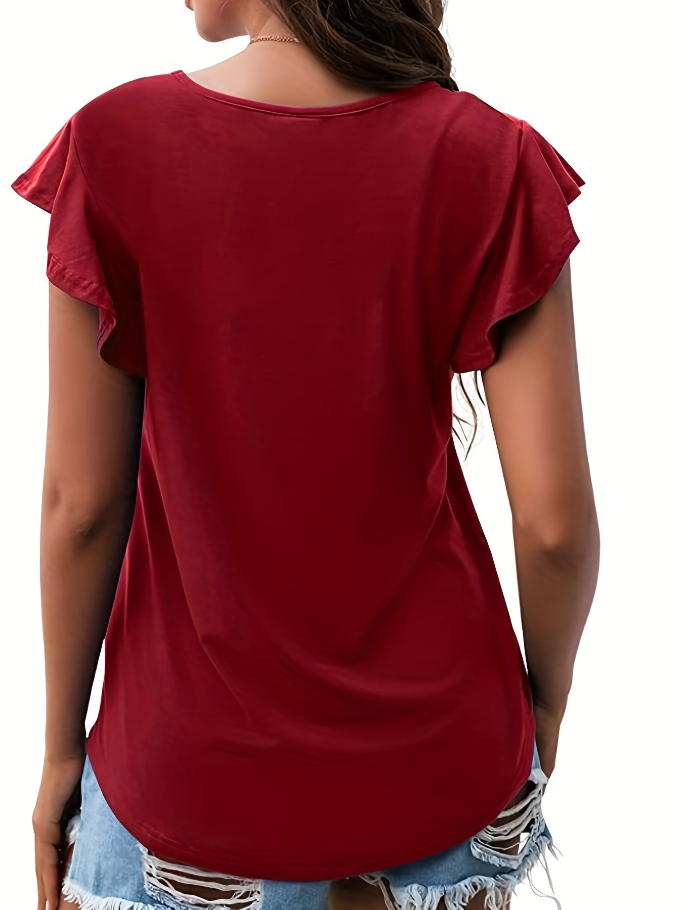 ruffle sleeve crew neck t shirt casual top for summer spring womens clothing details 6