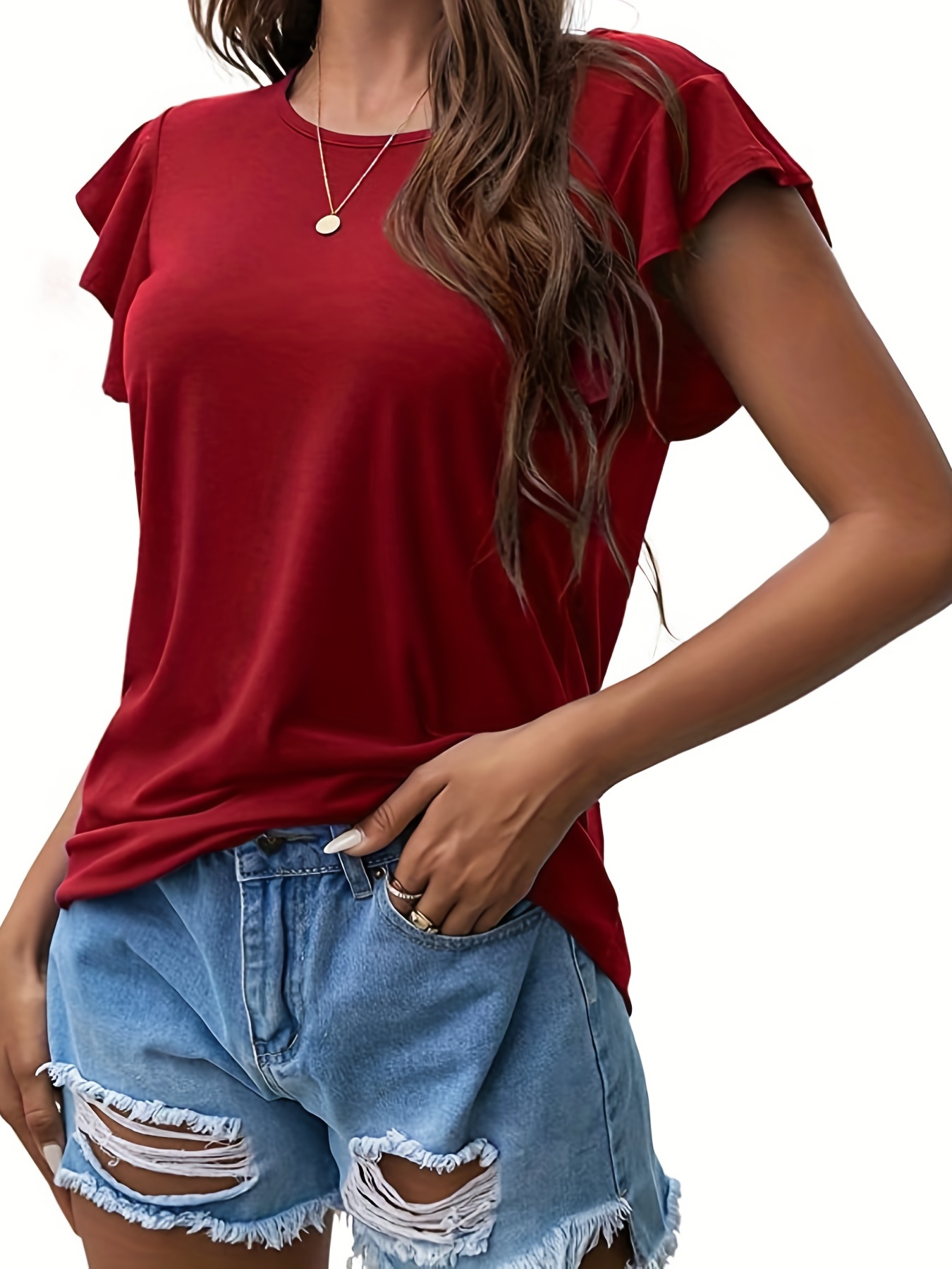 ruffle sleeve crew neck t shirt casual top for summer spring womens clothing details 7