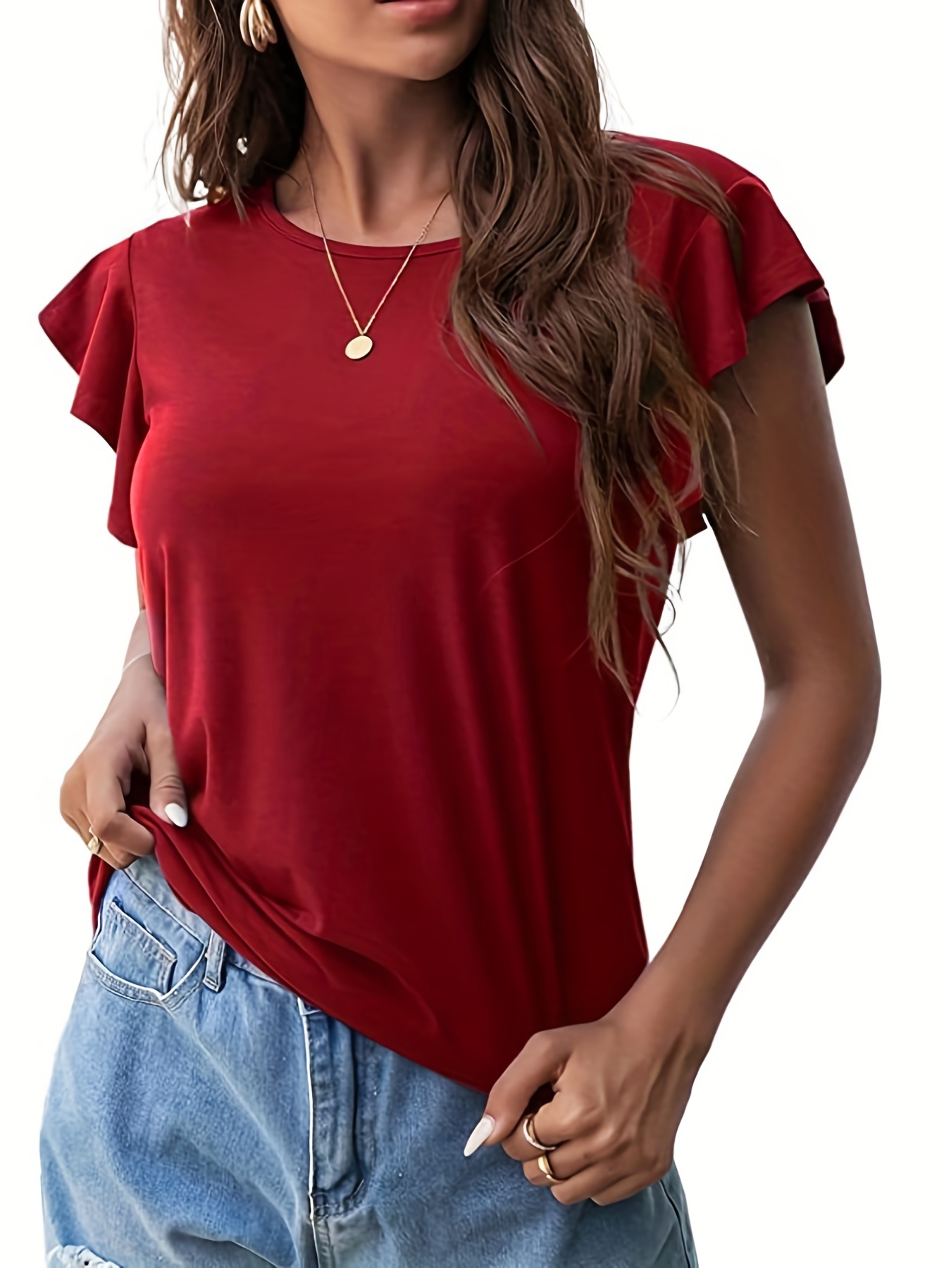 ruffle sleeve crew neck t shirt casual top for summer spring womens clothing details 8