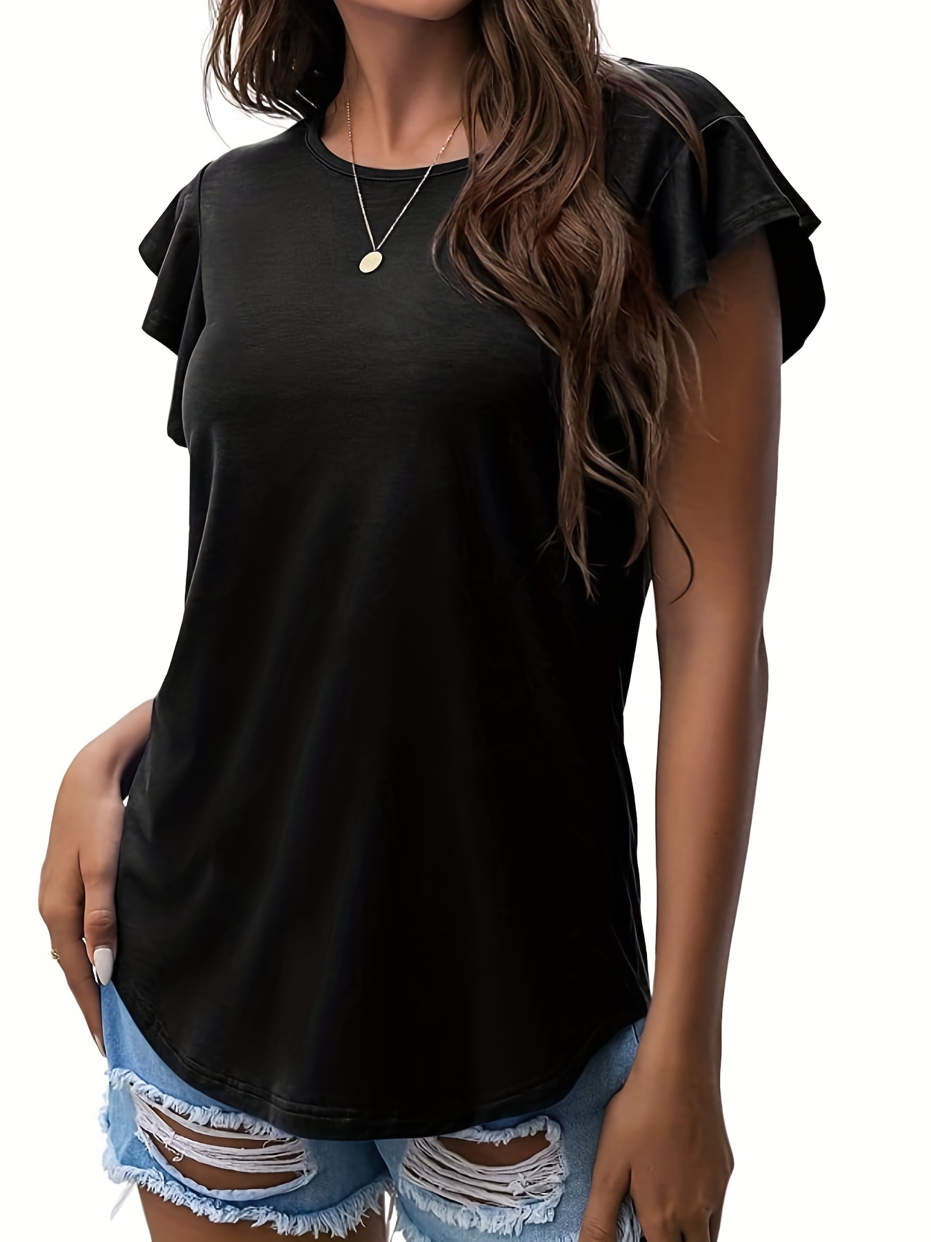 ruffle sleeve crew neck t shirt casual top for summer spring womens clothing details 10