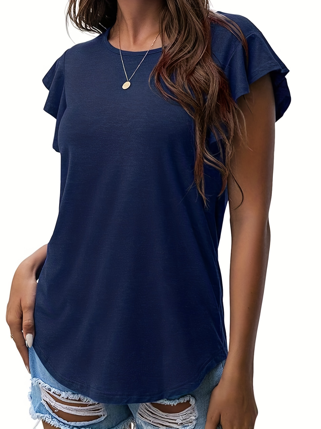 ruffle sleeve crew neck t shirt casual top for summer spring womens clothing details 21