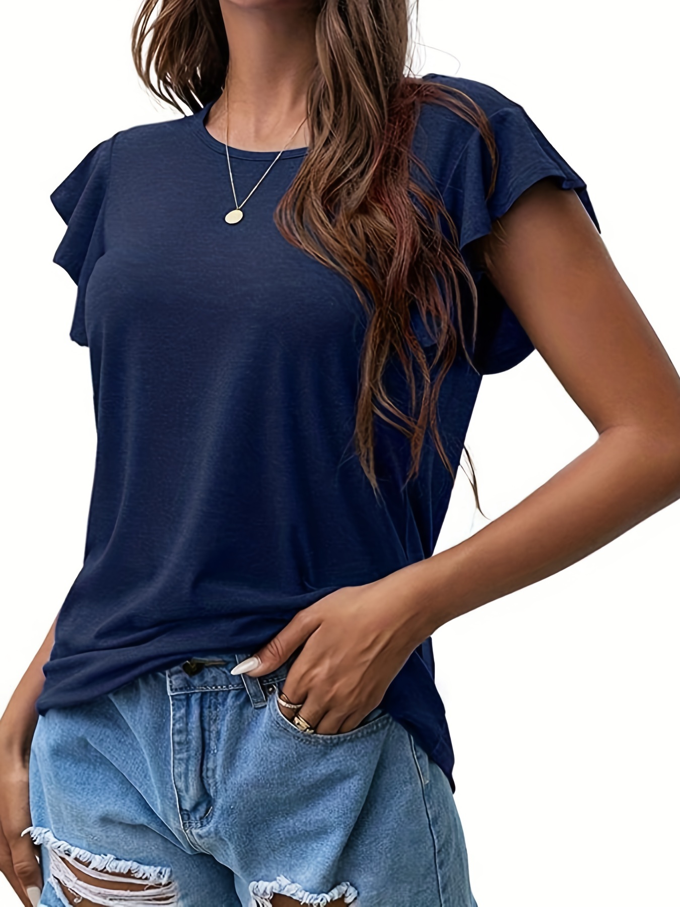 ruffle sleeve crew neck t shirt casual top for summer spring womens clothing details 23