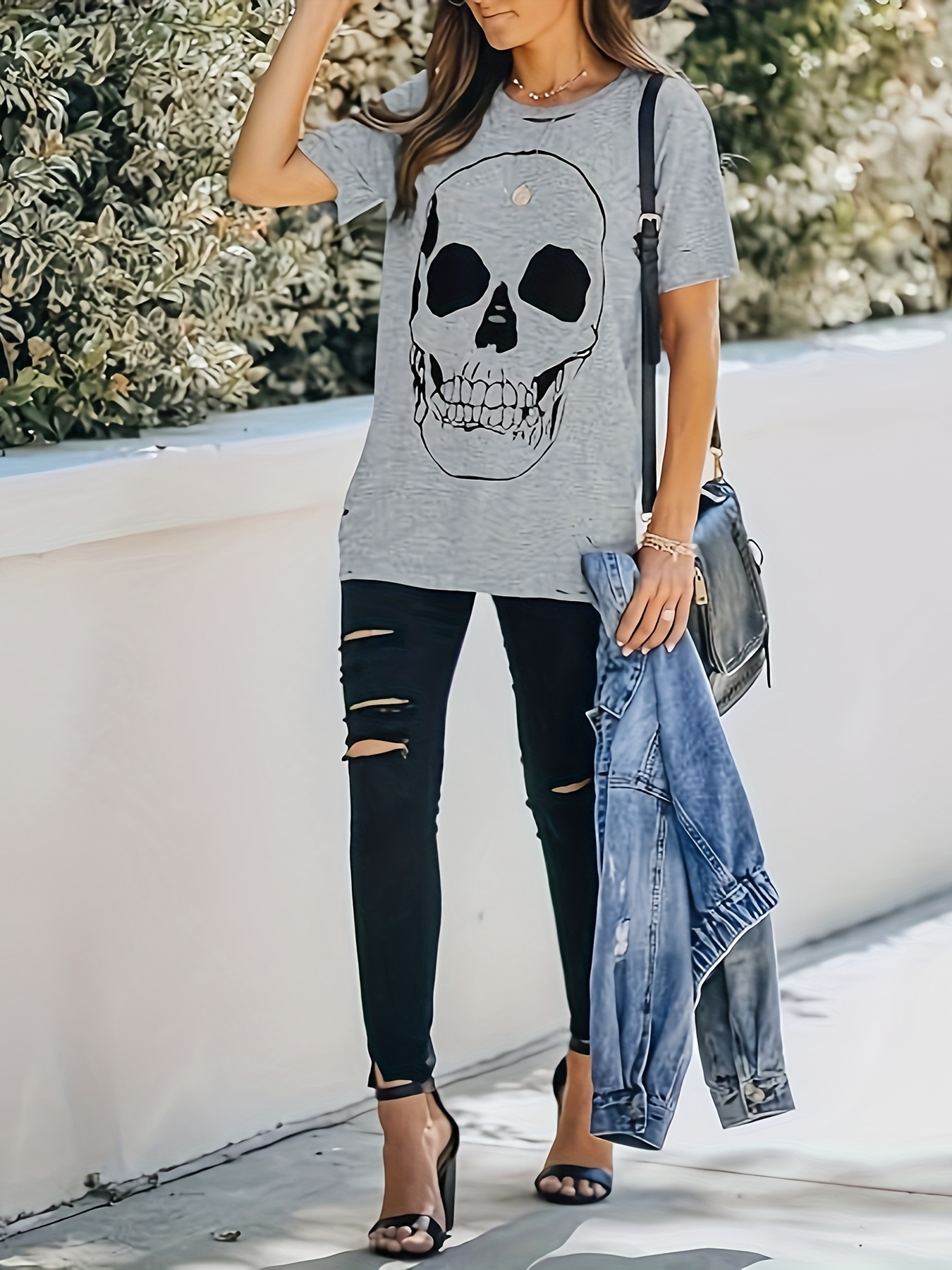 skull print cut out t shirt distressed short sleeve loose top for spring summer womens clothing details 0