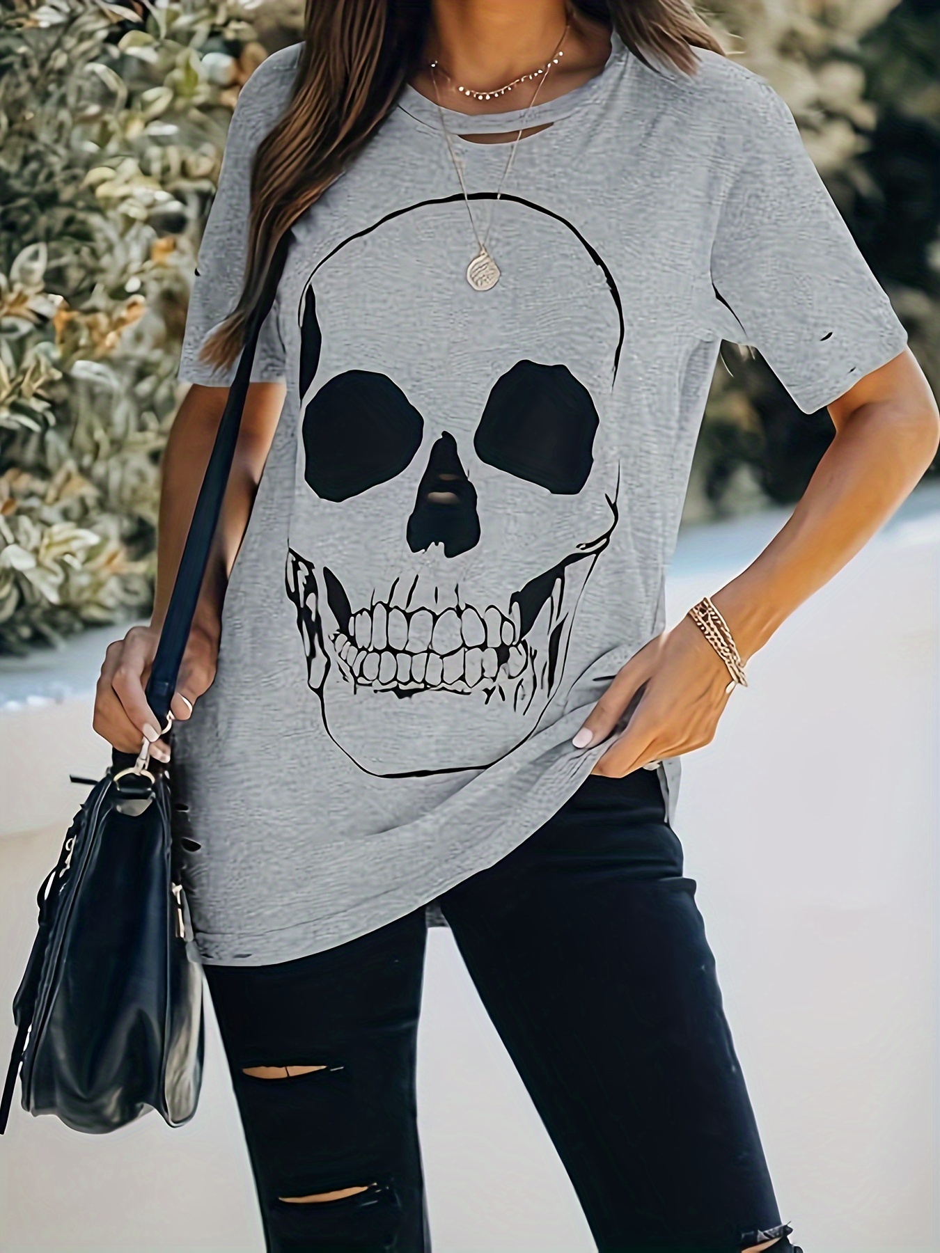 skull print cut out t shirt distressed short sleeve loose top for spring summer womens clothing details 1