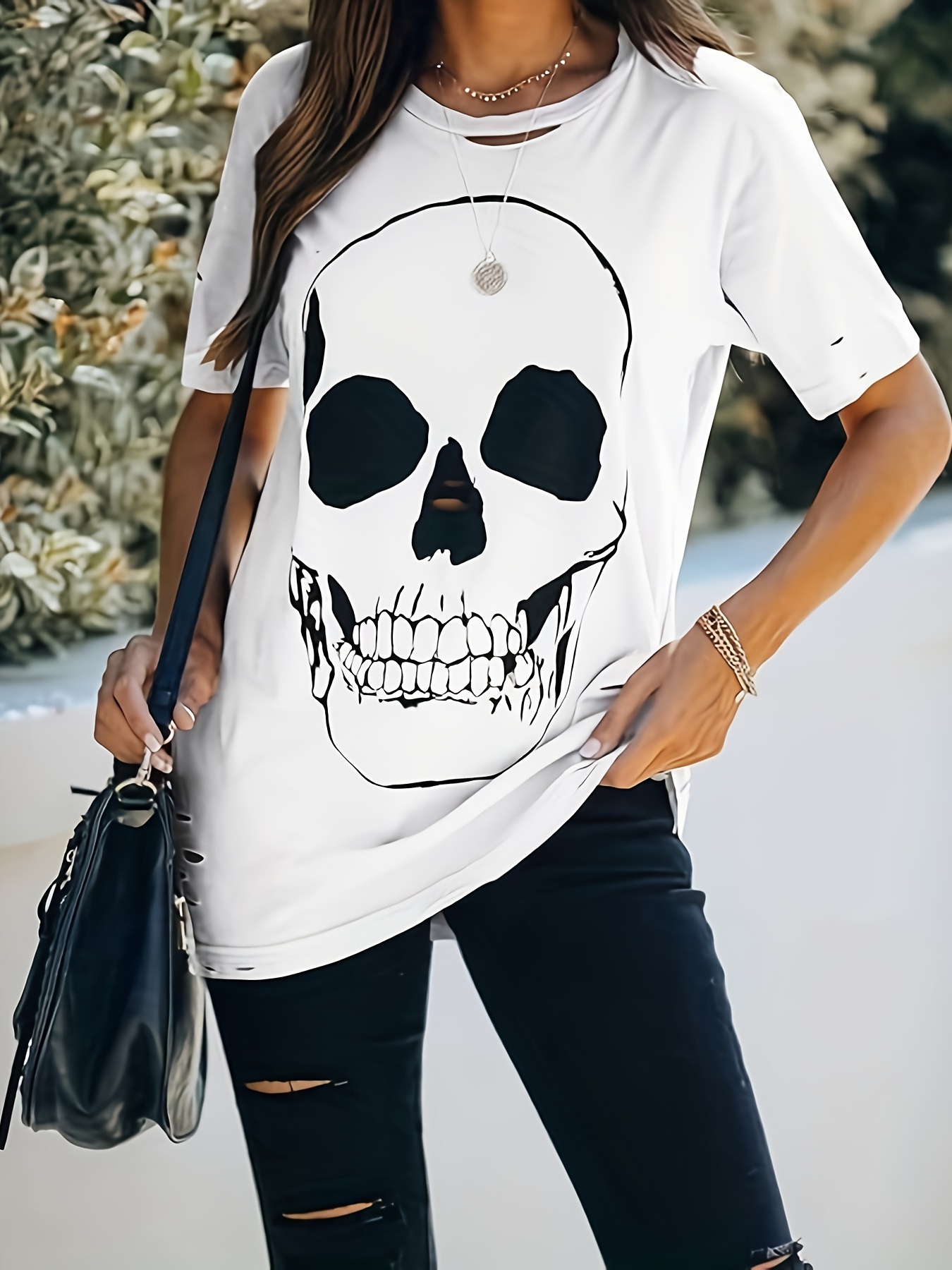 skull print cut out t shirt distressed short sleeve loose top for spring summer womens clothing details 4