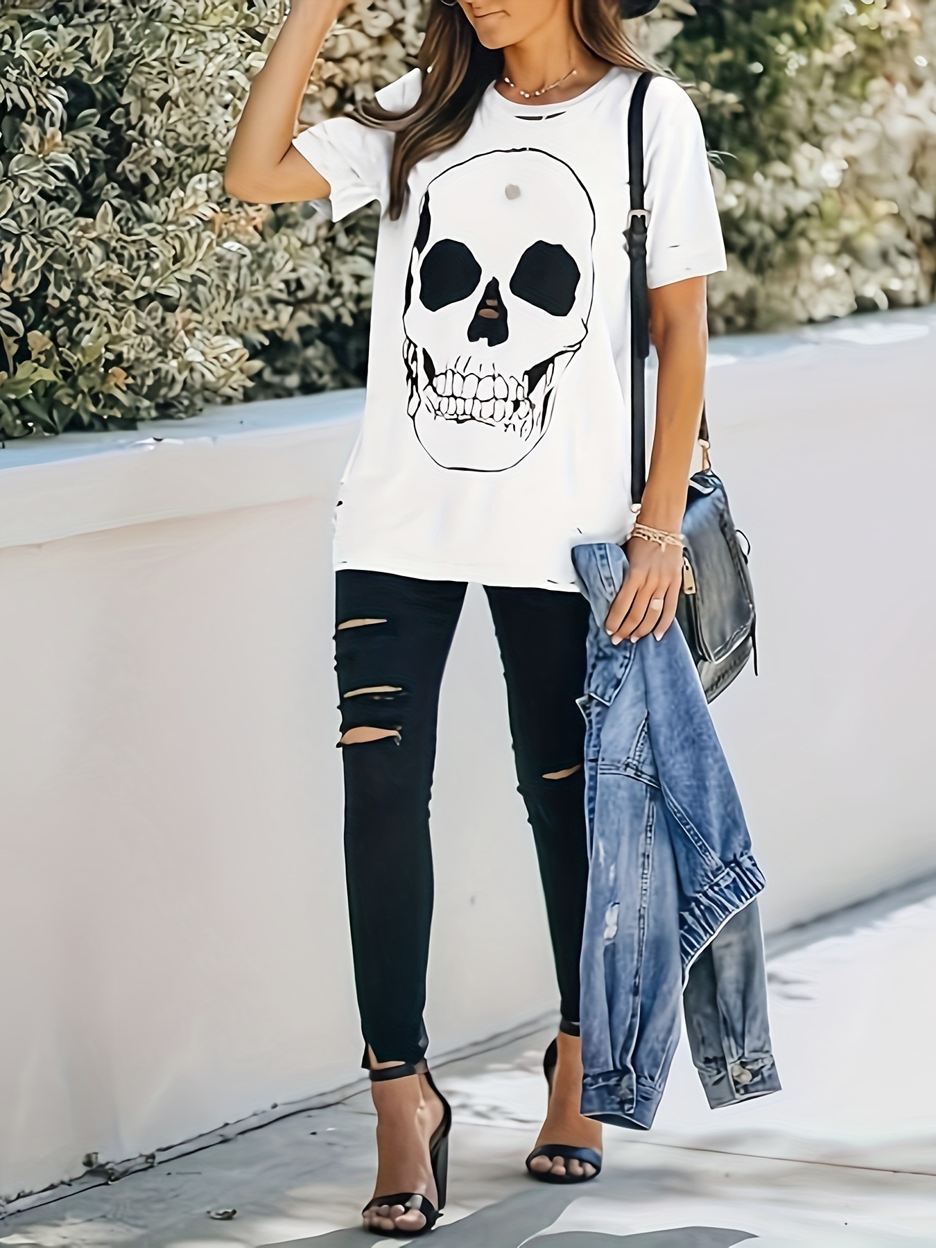 skull print cut out t shirt distressed short sleeve loose top for spring summer womens clothing details 5