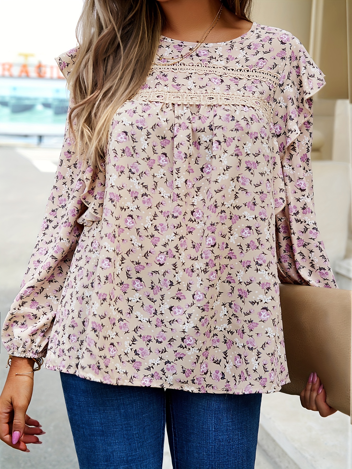 womens floral shirt small floral crewneck long sleeved top details 2