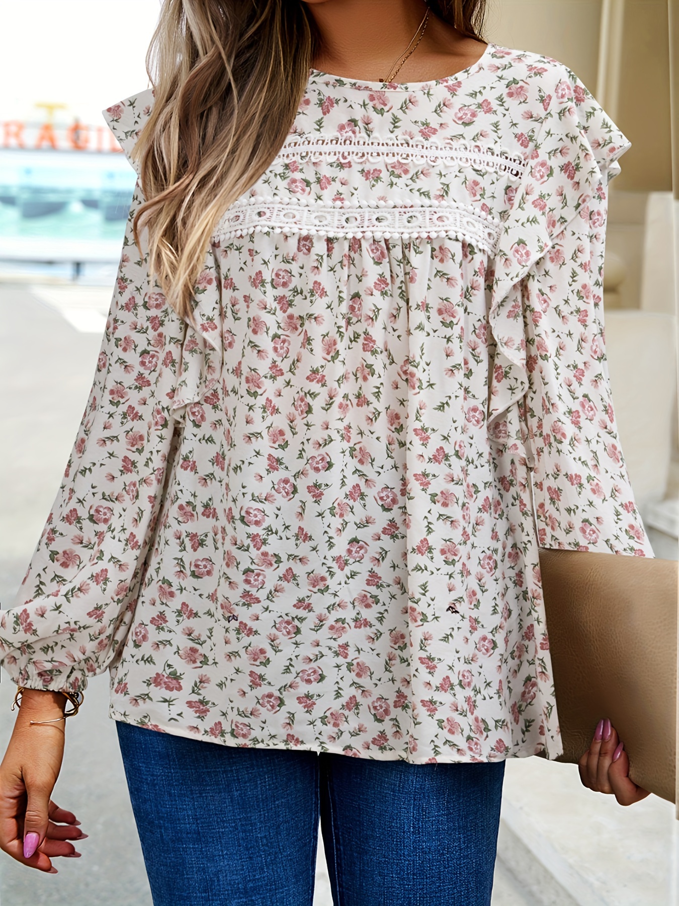 womens floral shirt small floral crewneck long sleeved top details 9