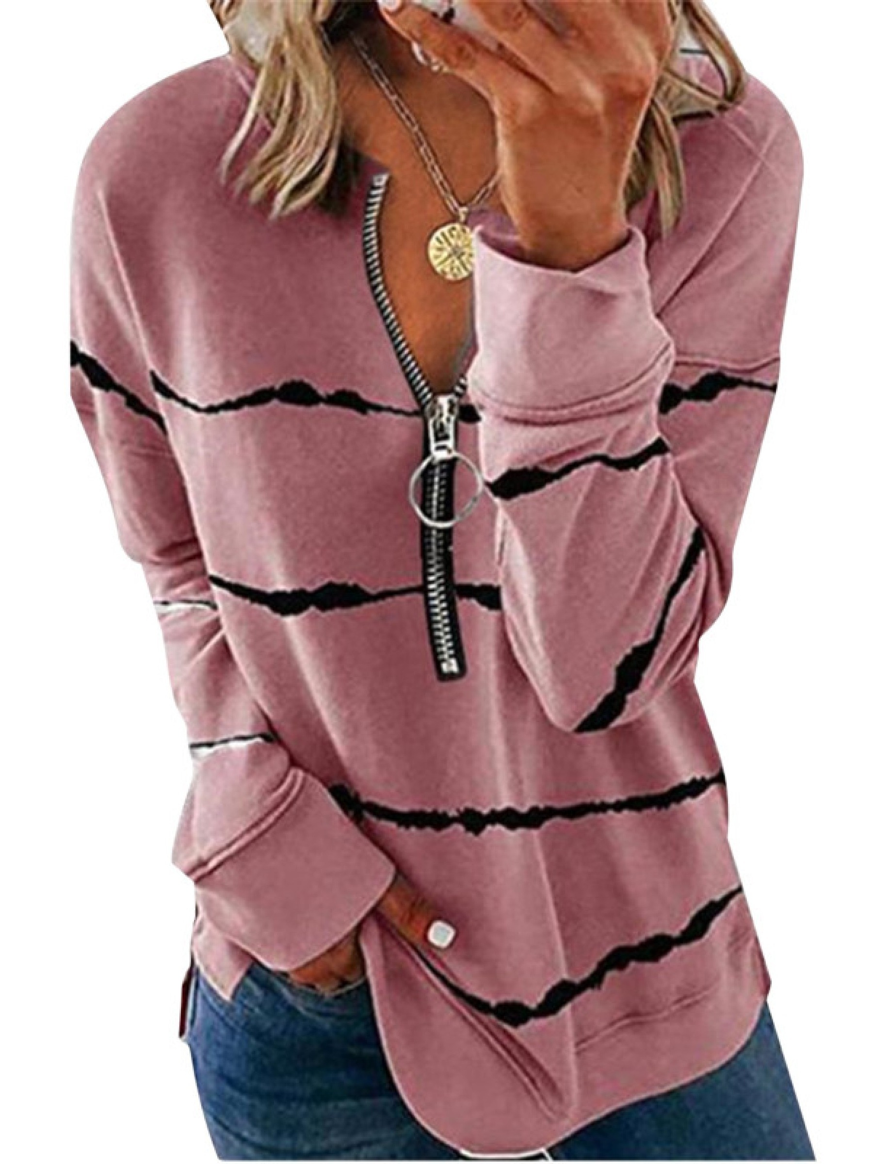 womens tops colorblock zip loose v neck tops details 0