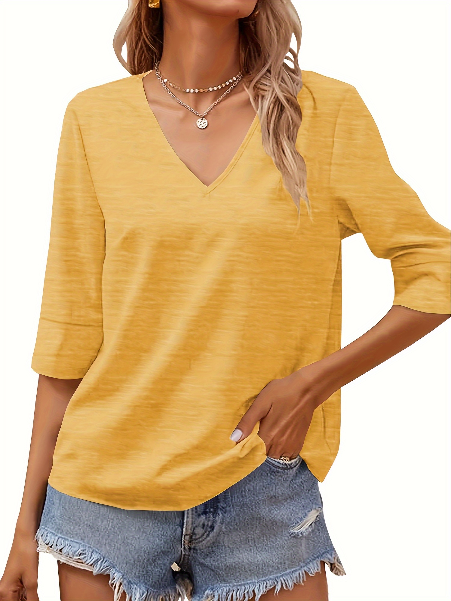 women fashion half sleeve v neck t shirt solid loose basic tops details 1