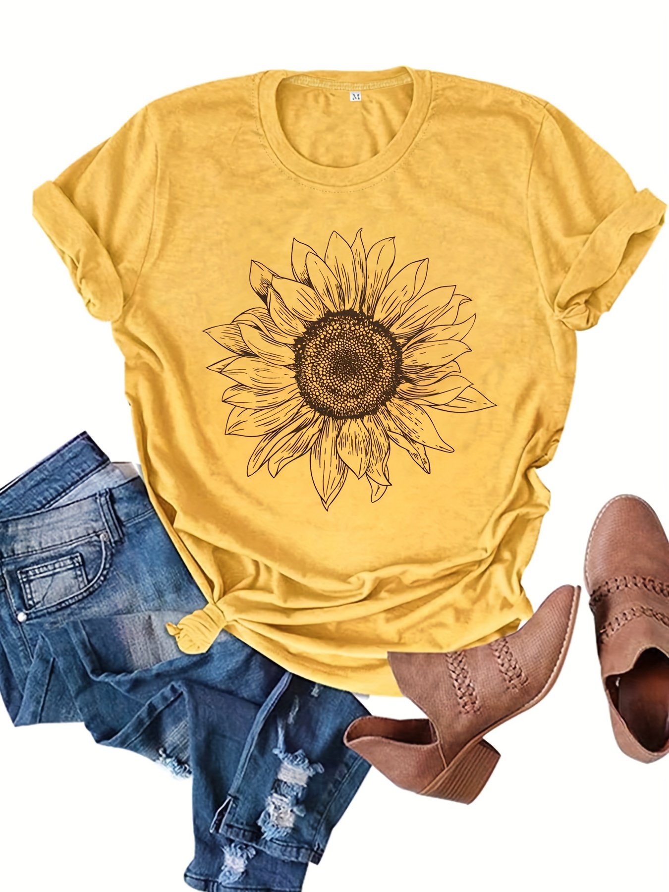 sunflower print crew neck t shirt casual short sleeve top for spring summer womens clothing details 1