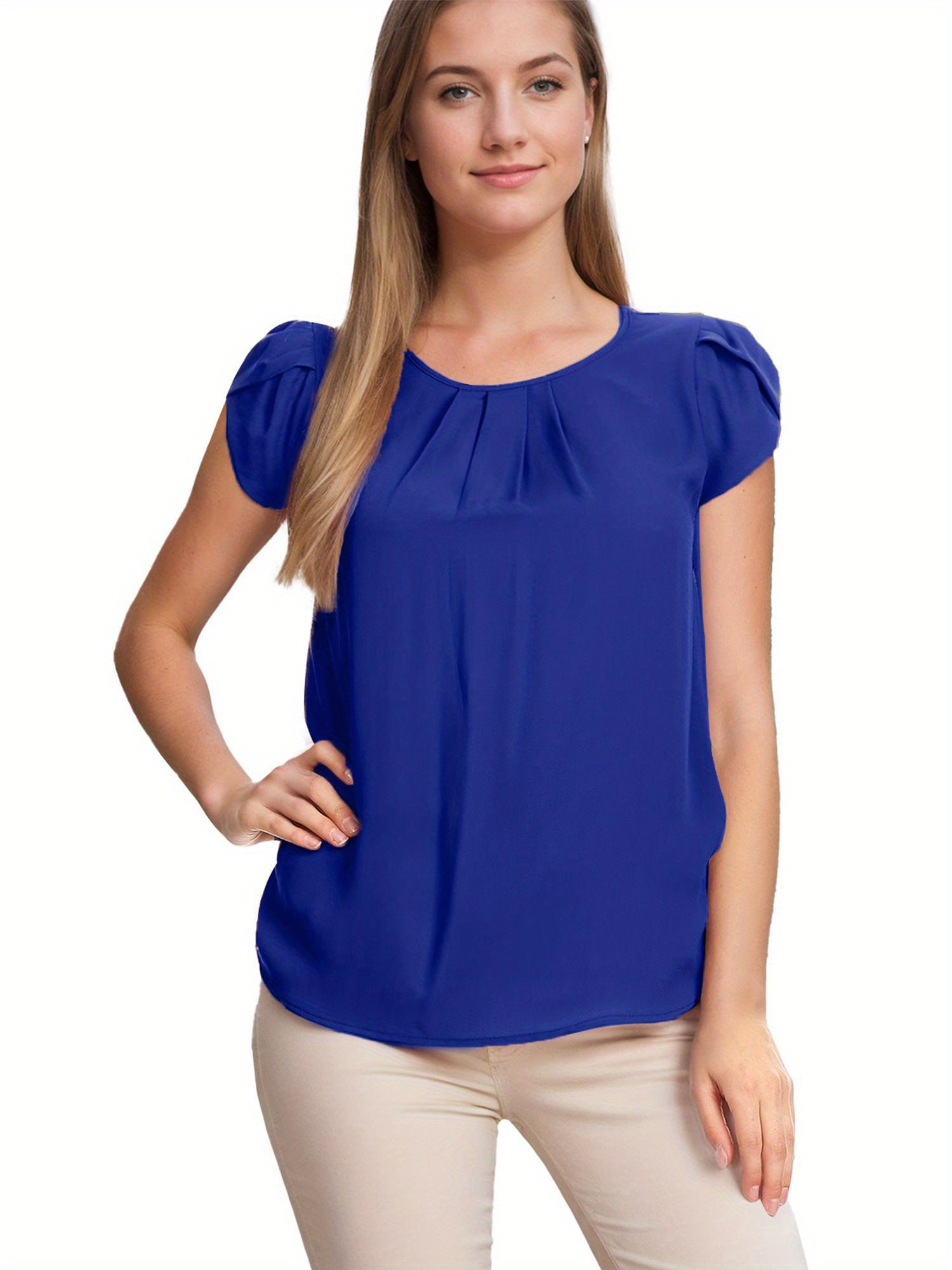 Women s Round Neck Pleated Blouse Cap Sleeve Curved Keyhole Back Chiffon Top details 0