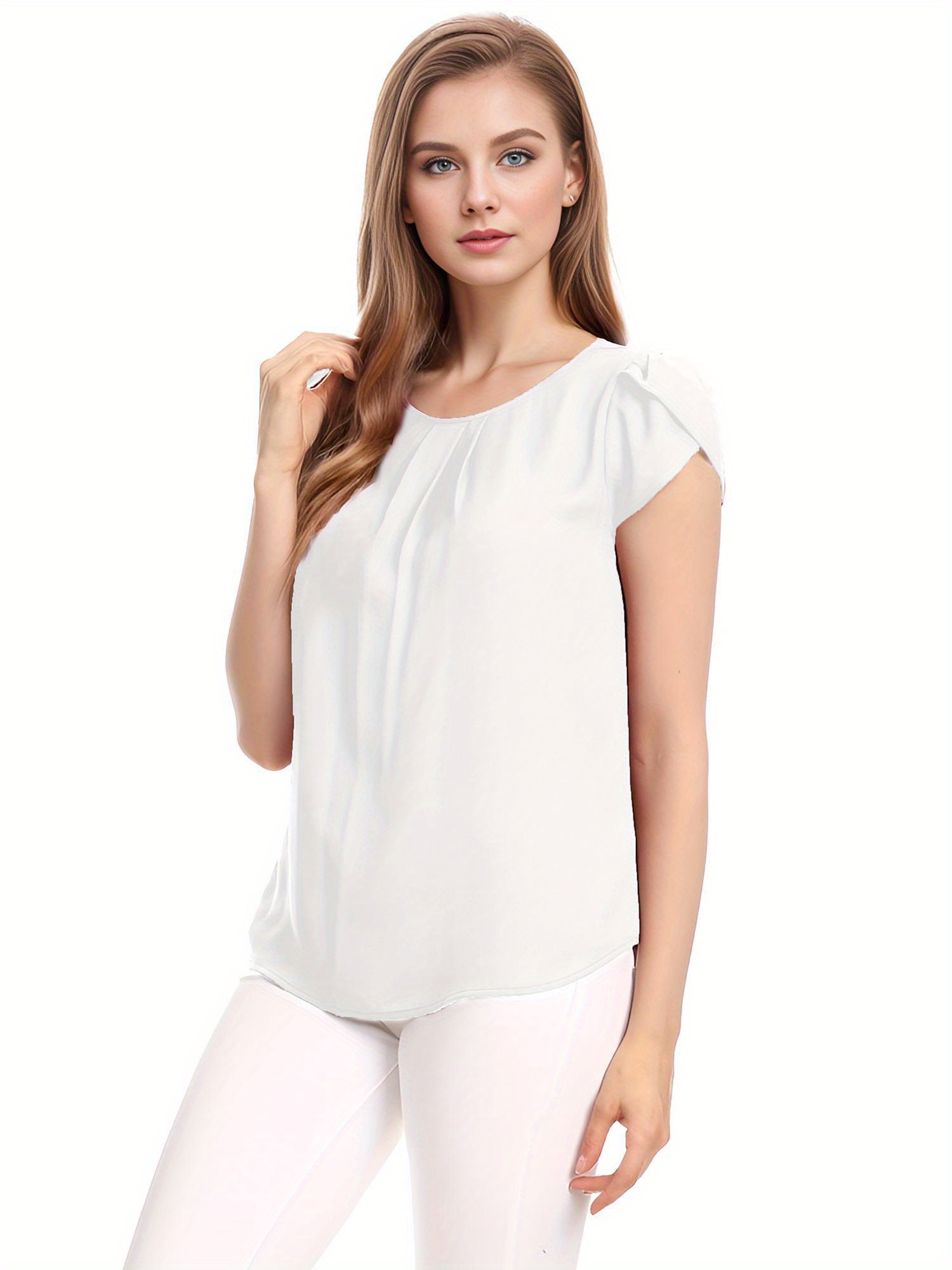 Women s Round Neck Pleated Blouse Cap Sleeve Curved Keyhole Back Chiffon Top details 5