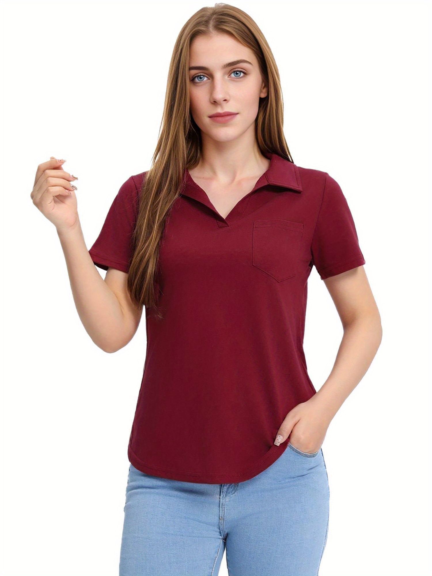 Tooluck Womens V Neck Short Sleeve Lapel Tops Loose Casual Blouses with Pocket details 1