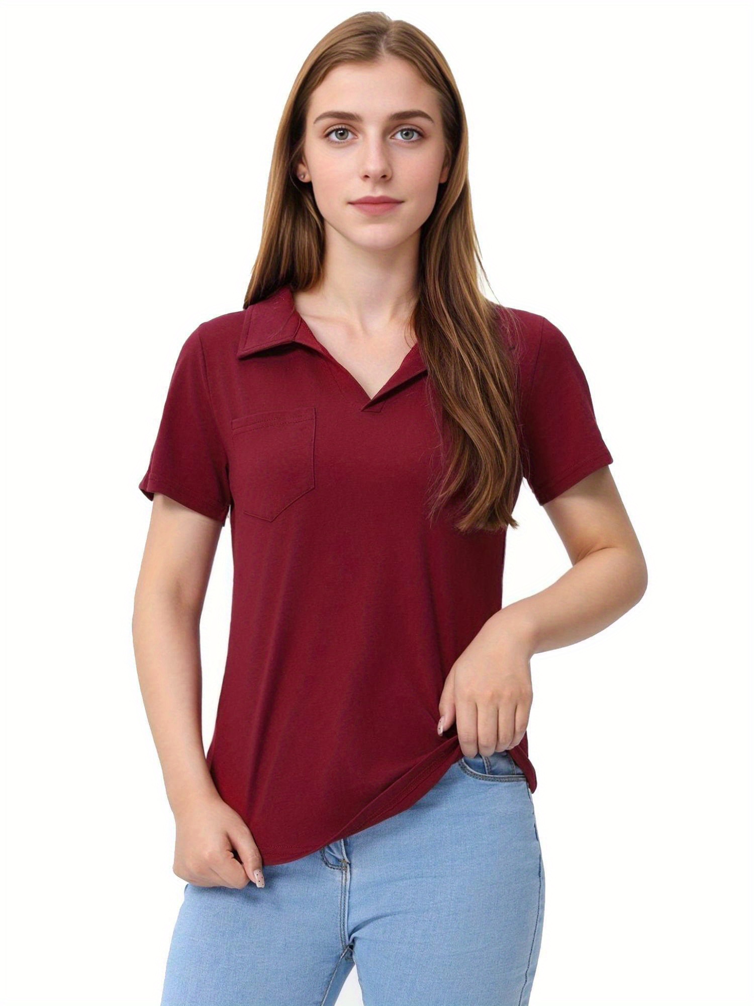 Tooluck Womens V Neck Short Sleeve Lapel Tops Loose Casual Blouses with Pocket details 3