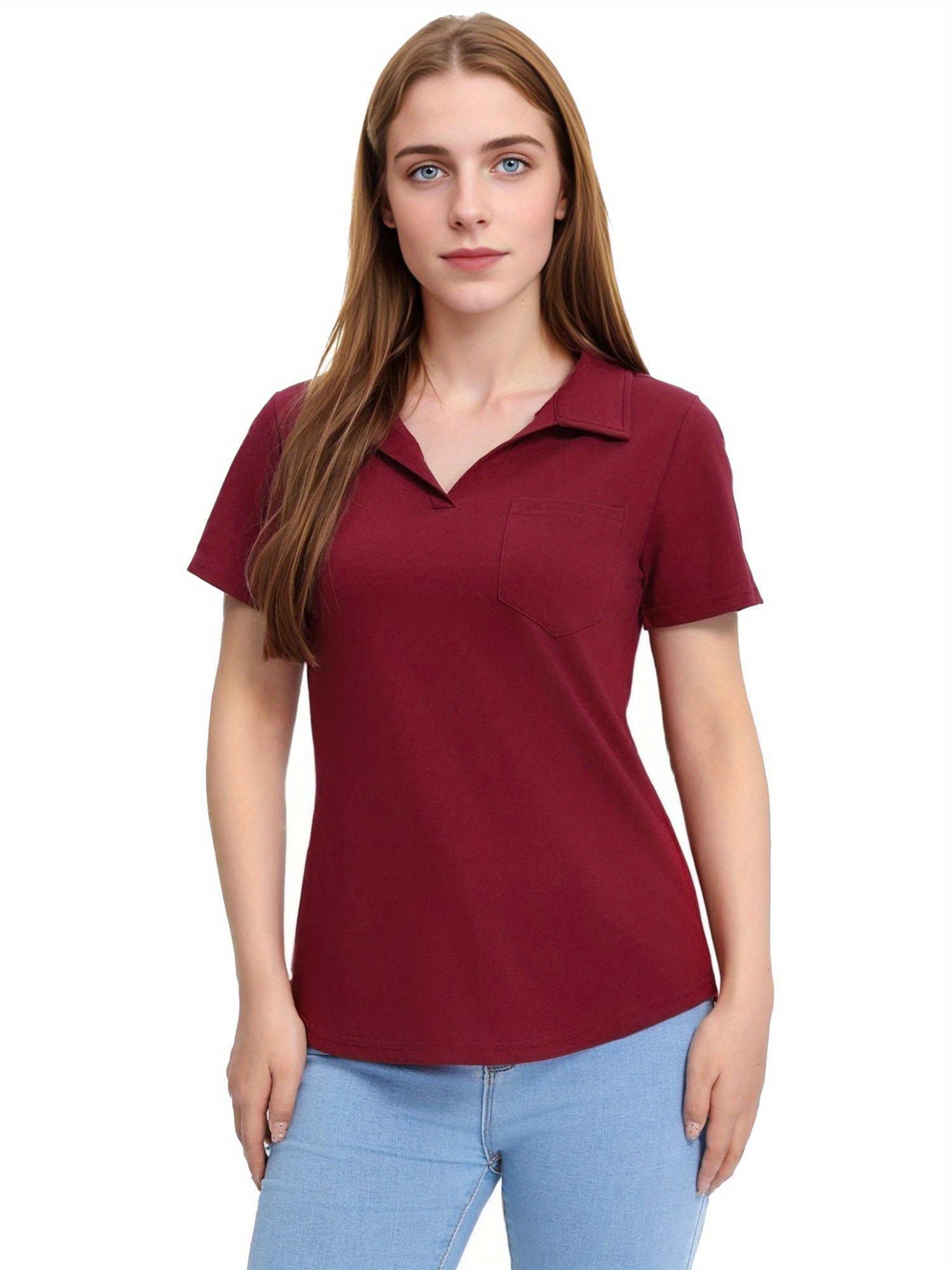 Tooluck Womens V Neck Short Sleeve Lapel Tops Loose Casual Blouses with Pocket details 4