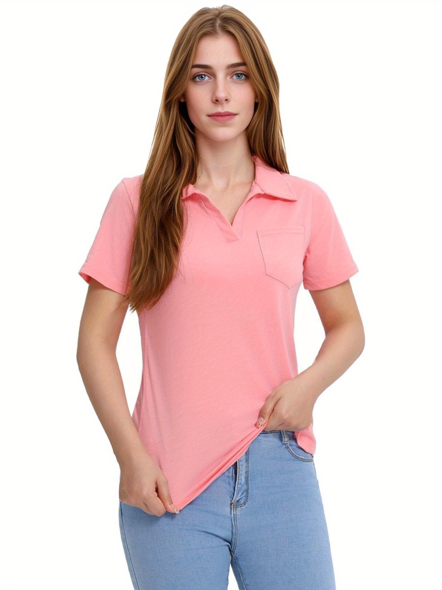 Tooluck Womens V Neck Short Sleeve Lapel Tops Loose Casual Blouses with Pocket details 5