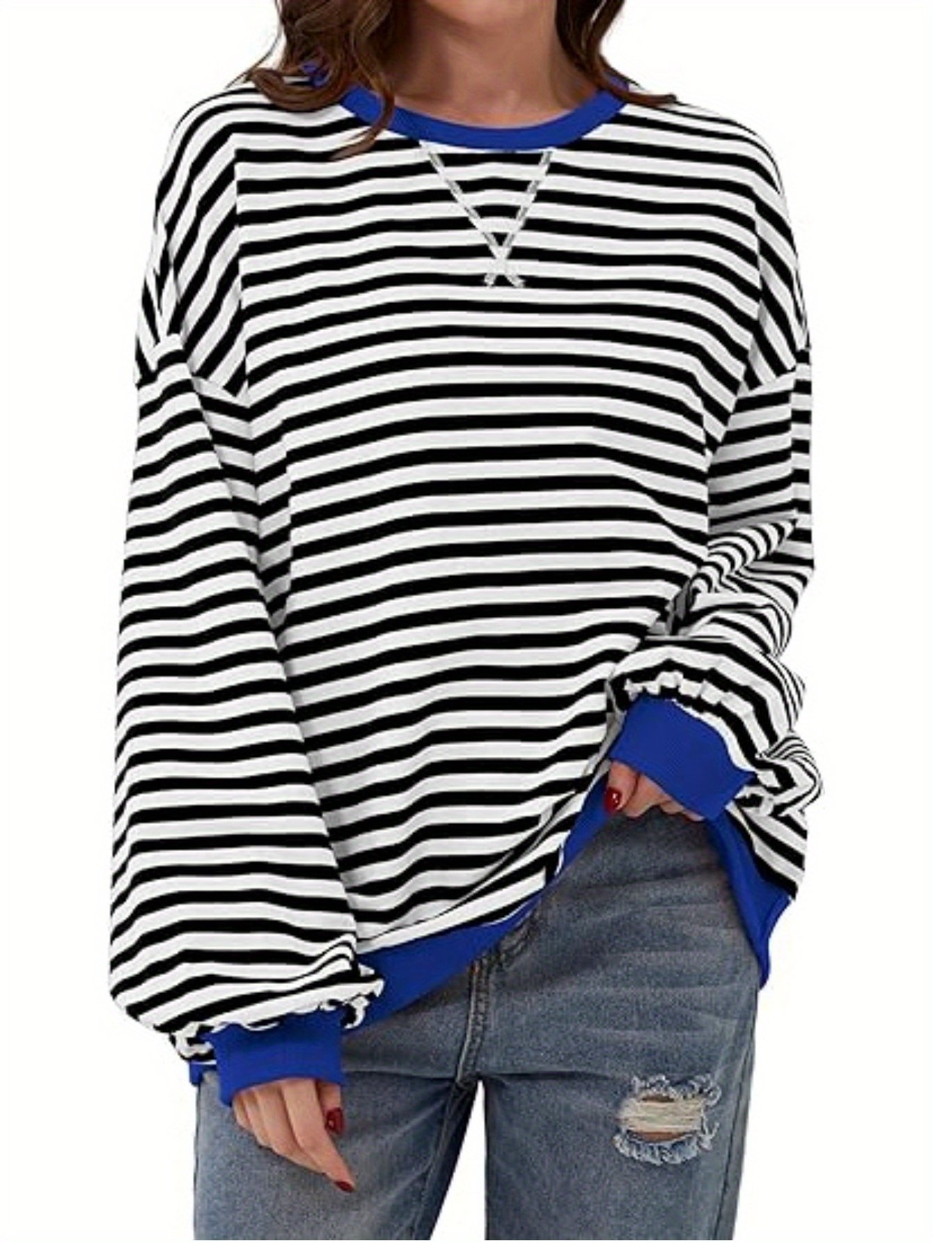 women y2k clothes free striped sweatshirt oversized crewneck color block pullover tops casual sweater details 3