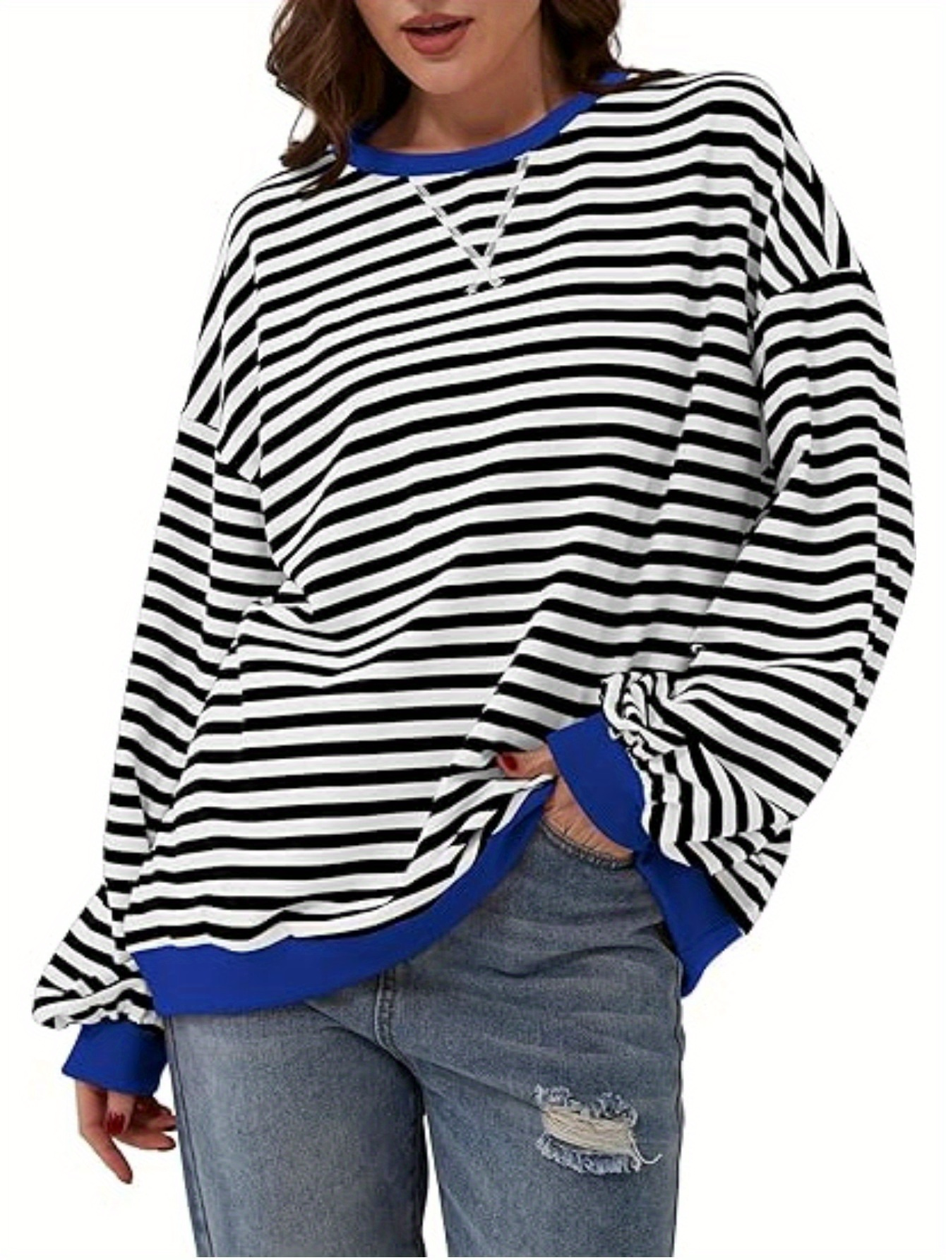 women y2k clothes free striped sweatshirt oversized crewneck color block pullover tops casual sweater details 4