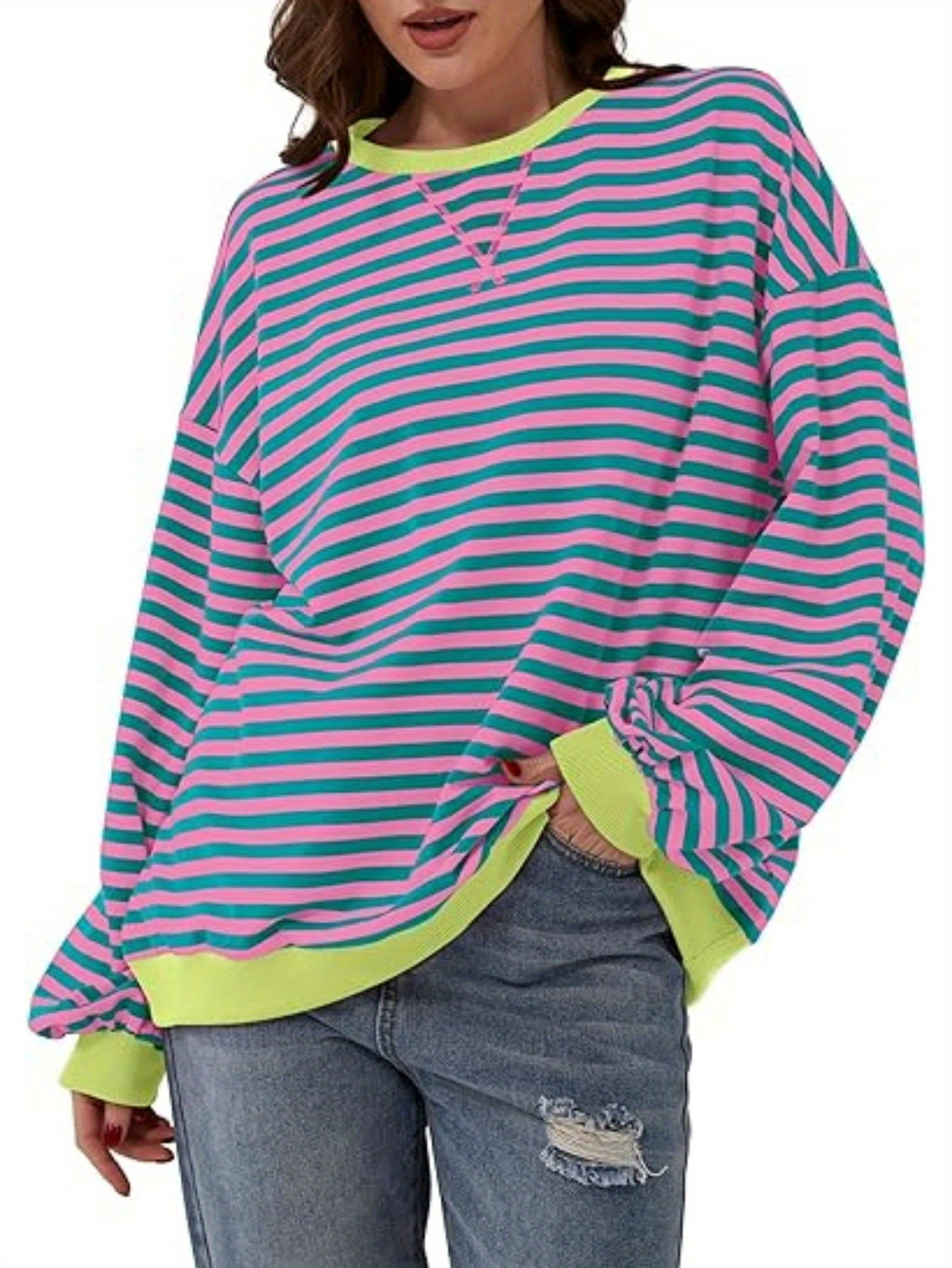 women y2k clothes free striped sweatshirt oversized crewneck color block pullover tops casual sweater details 6