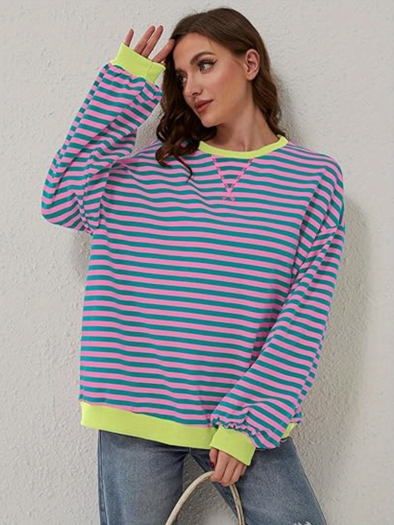 women y2k clothes free striped sweatshirt oversized crewneck color block pullover tops casual sweater details 10