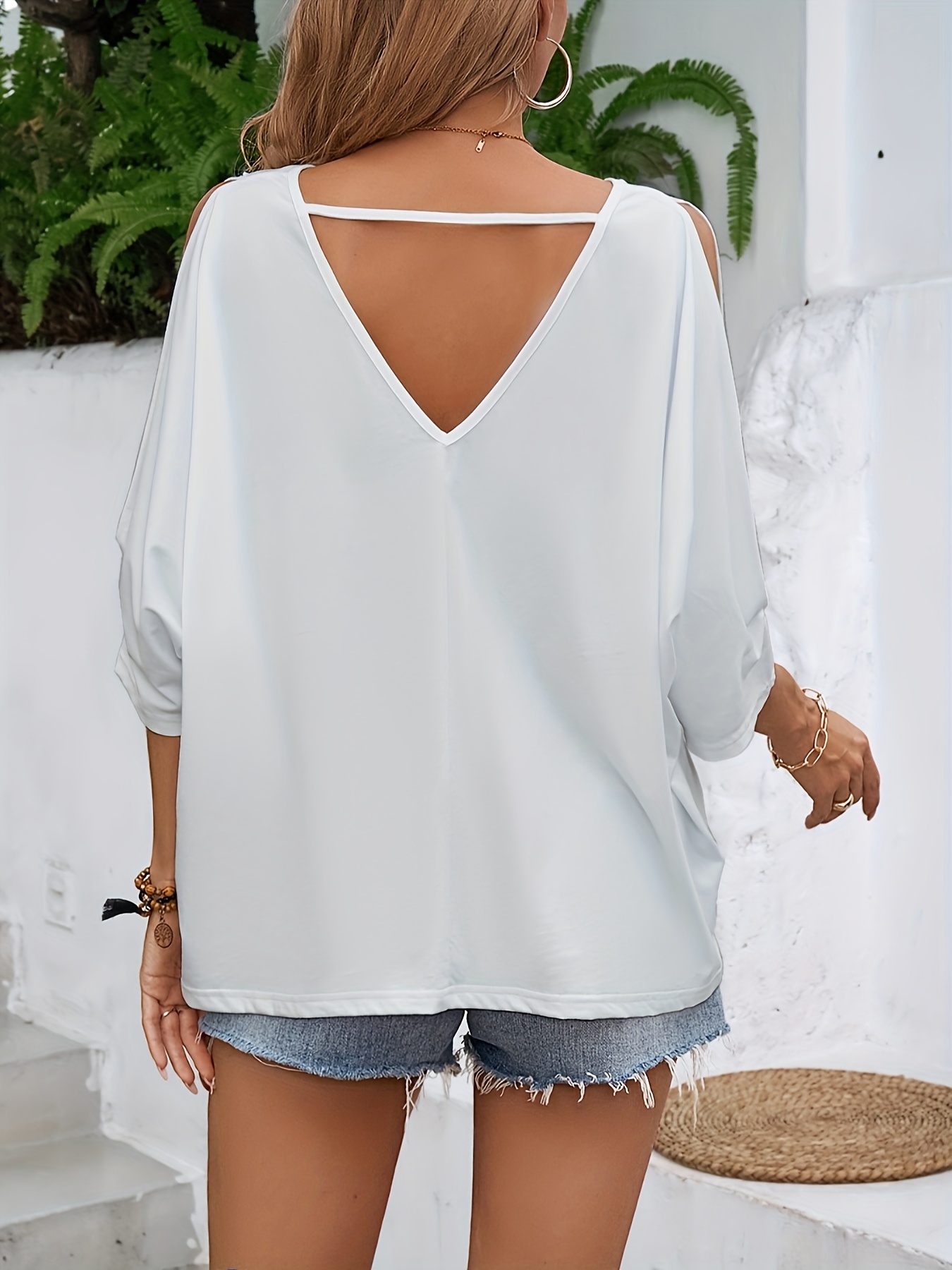 womens off shoulder v neck loose short sleeve summer t shirt top details 2