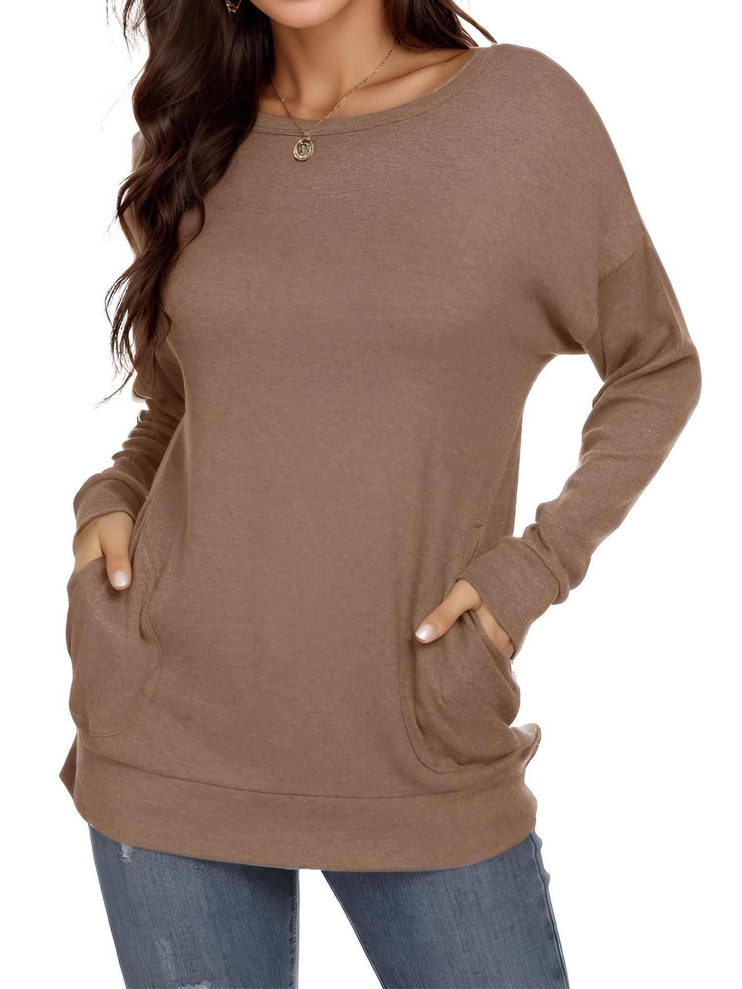 crew neck solid color t shirt casual long sleeve pocket top for spring fall womens clothing details 0