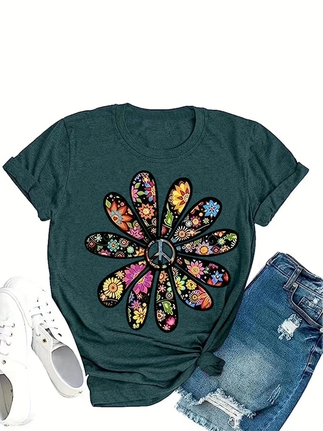 flower print crew neck t shirt casual short sleeve top for spring summer womens clothing details 3