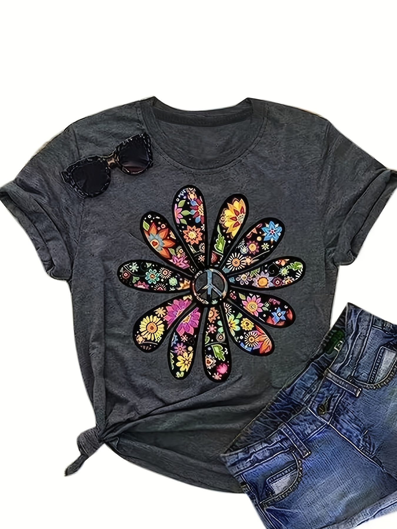 flower print crew neck t shirt casual short sleeve top for spring summer womens clothing details 7