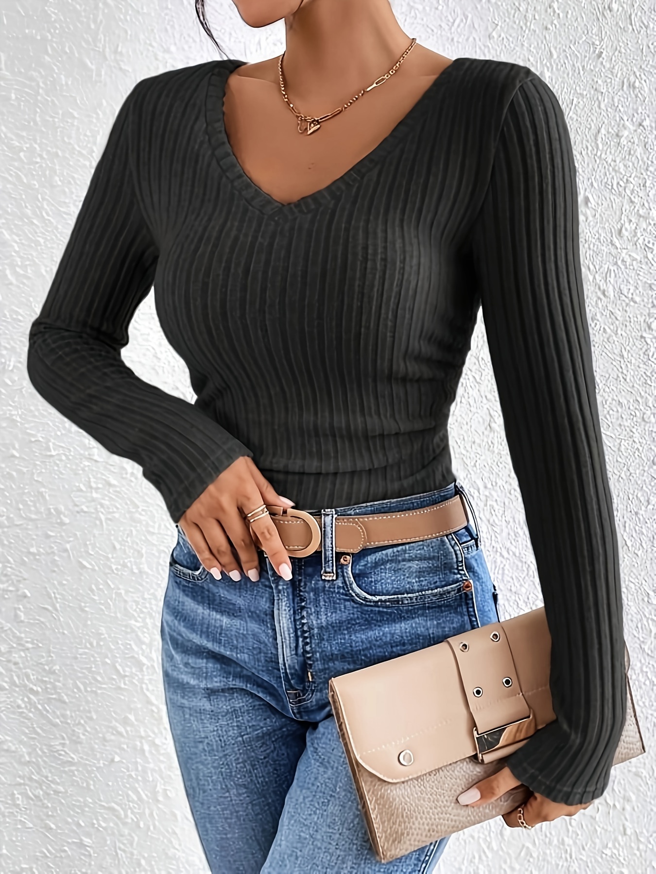 ribbed v neck t shirt casual long sleeve top for spring fall womens clothing details 1