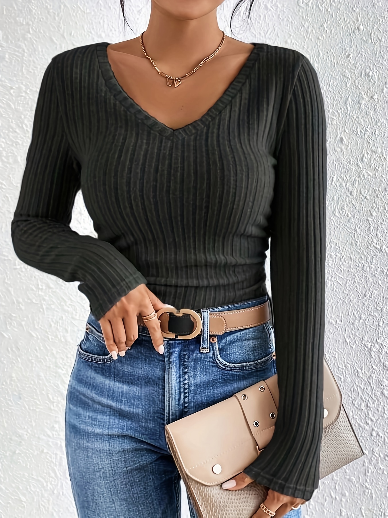 ribbed v neck t shirt casual long sleeve top for spring fall womens clothing details 2